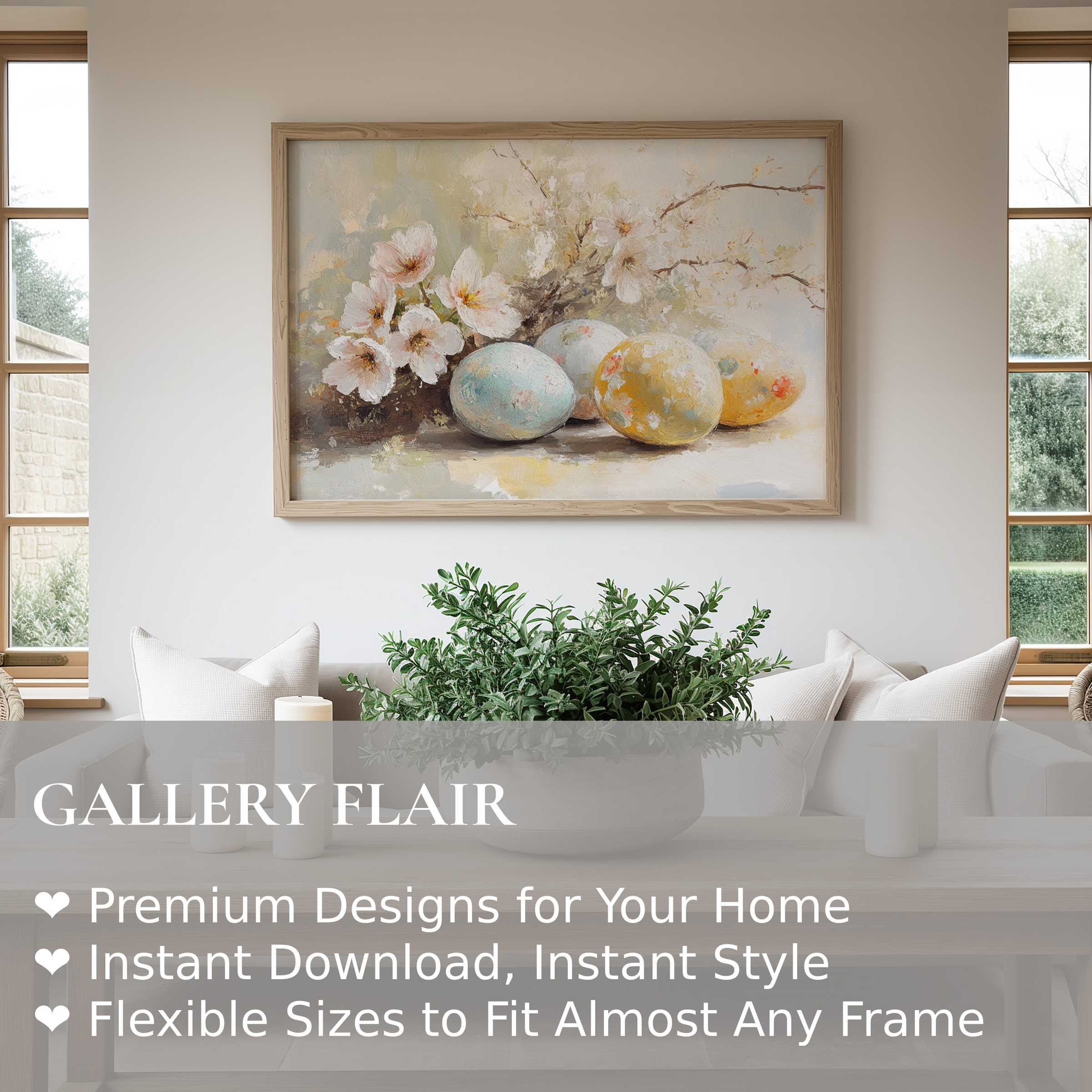 Easter wall art print with softly textured pastel eggs and blossoms evoking serene, elegant spring charm in a modern, minimalist living space