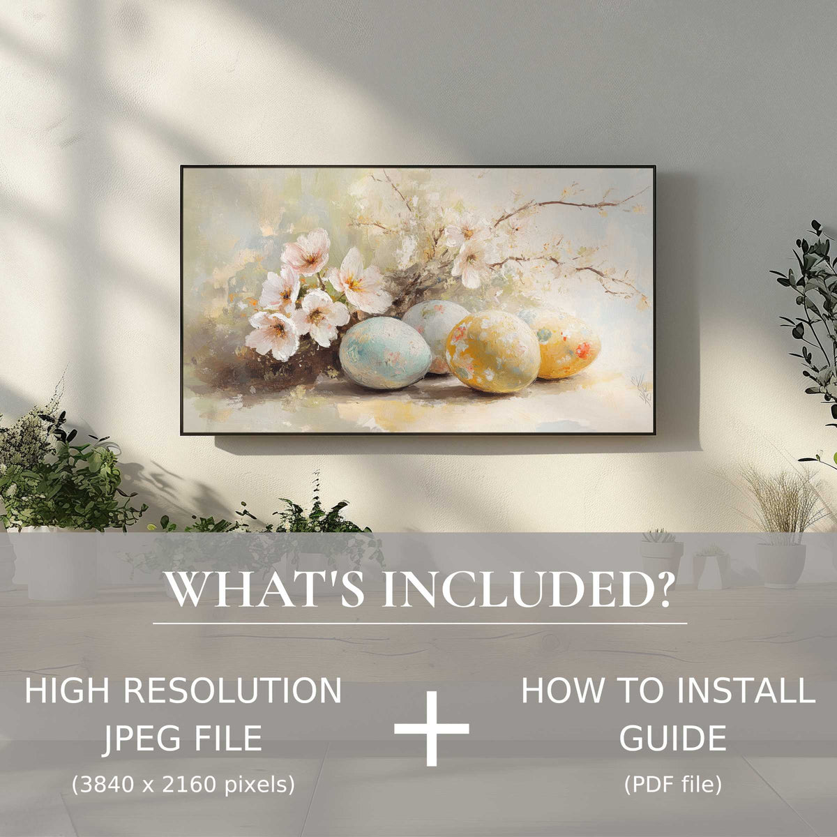 Elegant easter digital TV art download with florals and eggs, enhances living space with easy digital use and style