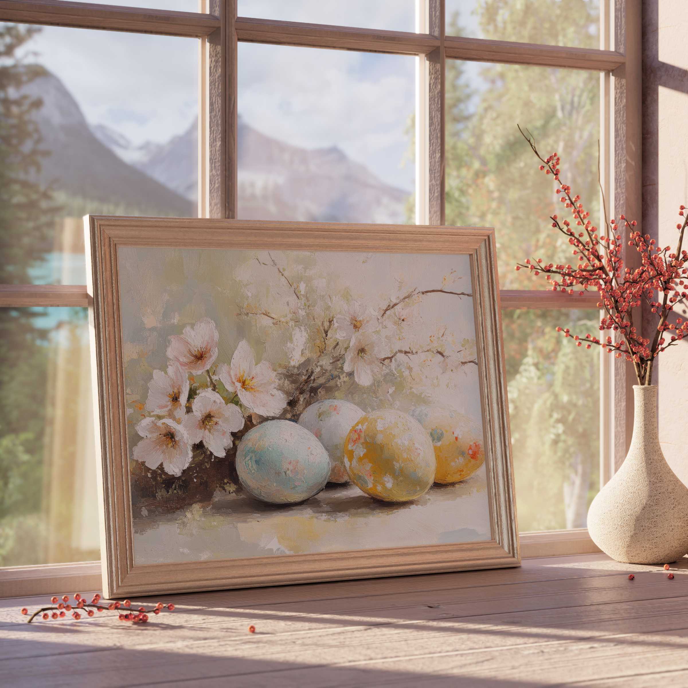 Elegant easter downloadable art with soft pastel eggs and blooming florals, perfect for curated, tranquil, stylish homes
