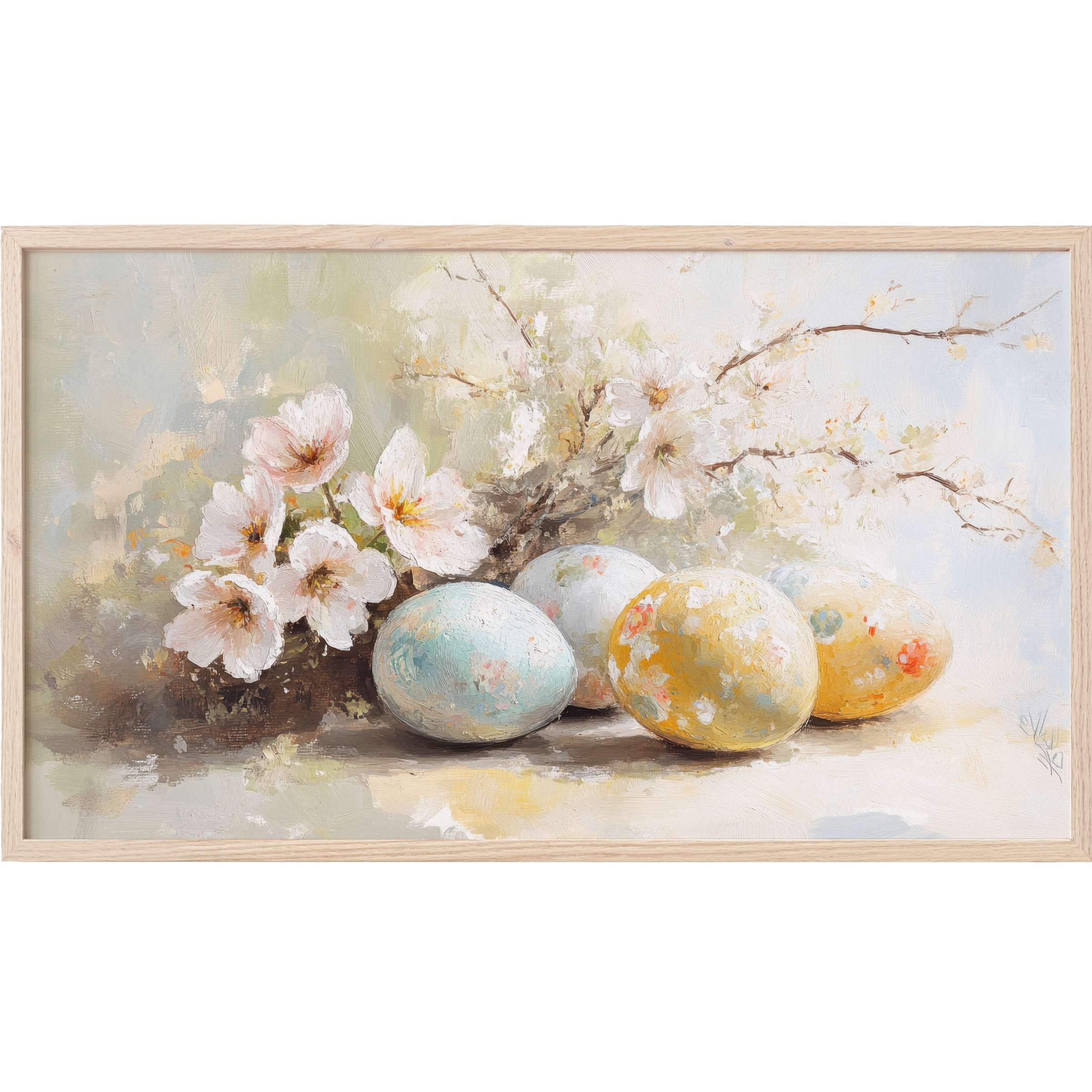 Elegant oil painting of pastel Easter eggs and soft blossoms in muted tones, perfect easter Frame TV Art