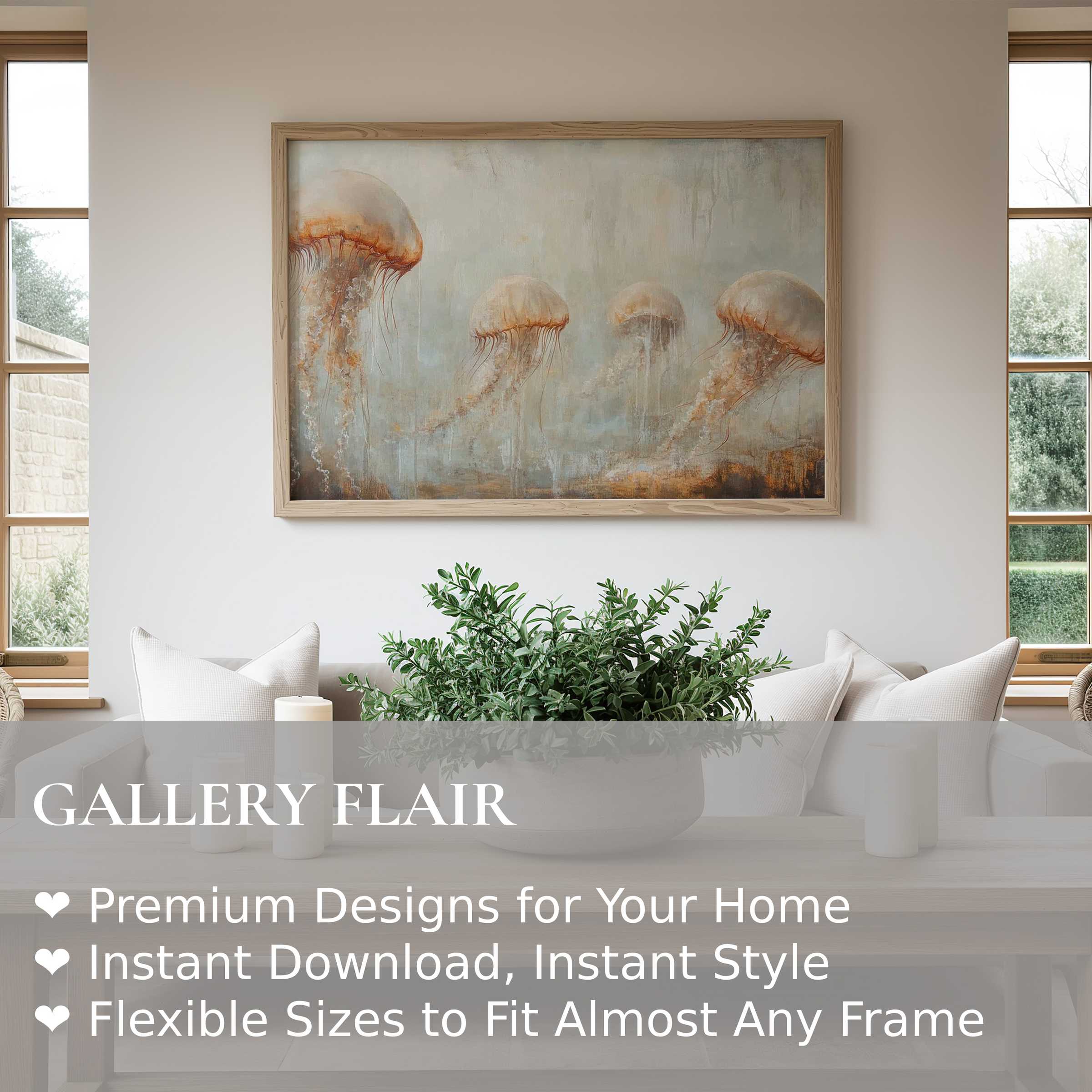 Calming beach wall art print featuring ethereal jellyfish in soft neutrals, enhancing serene modern coastal living rooms with subtle ocean elegance