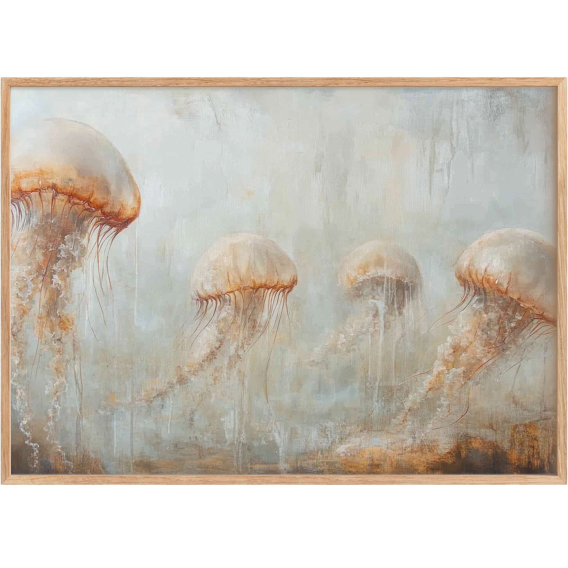 Ethereal beach printable wall art featuring graceful jellyfish in soft beige and muted blue tones, evoking a serene, calming ocean ambiance