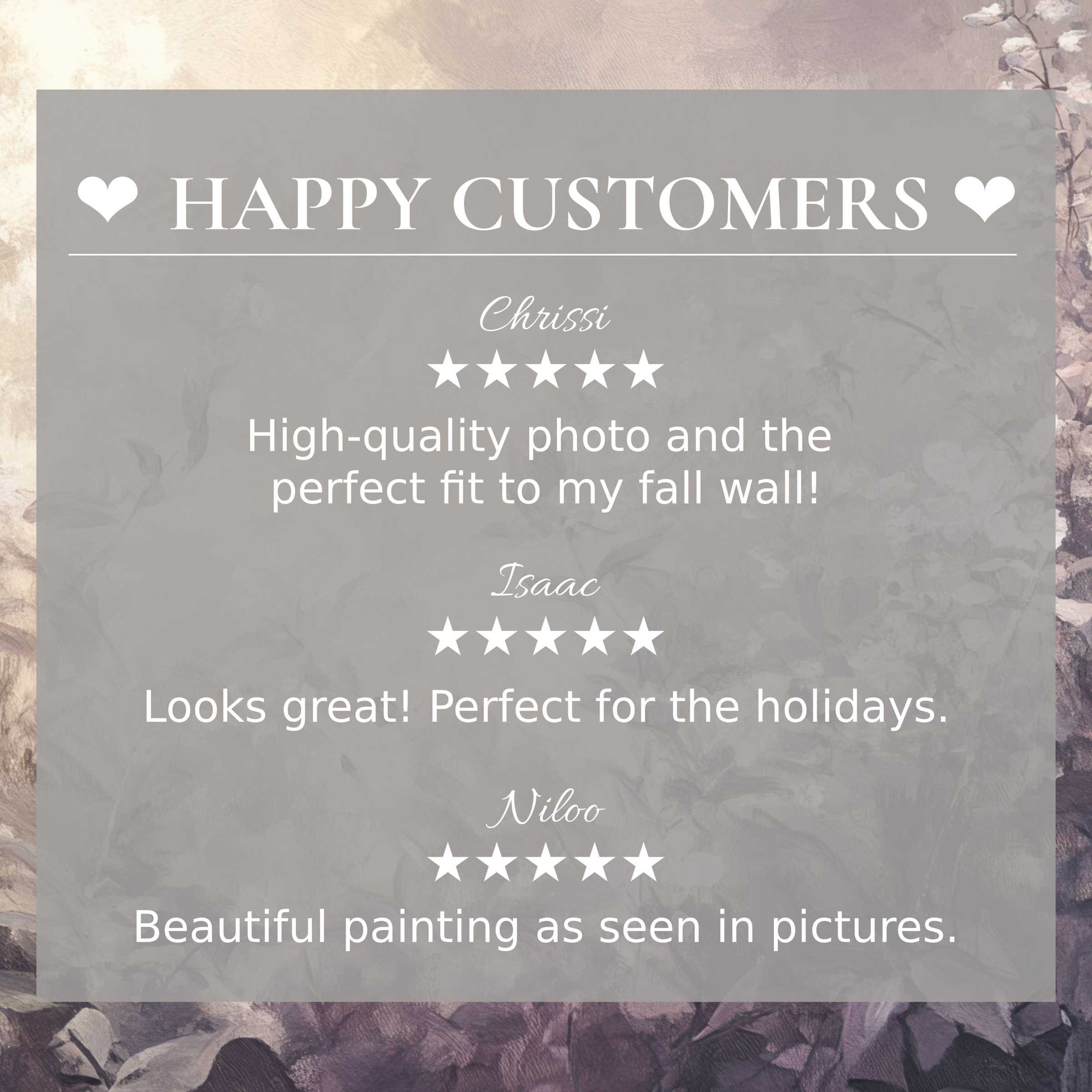Elegant botanical art for Frame TV with abstract muted floral backdrop, showcasing happy customer reviews to inspire trust