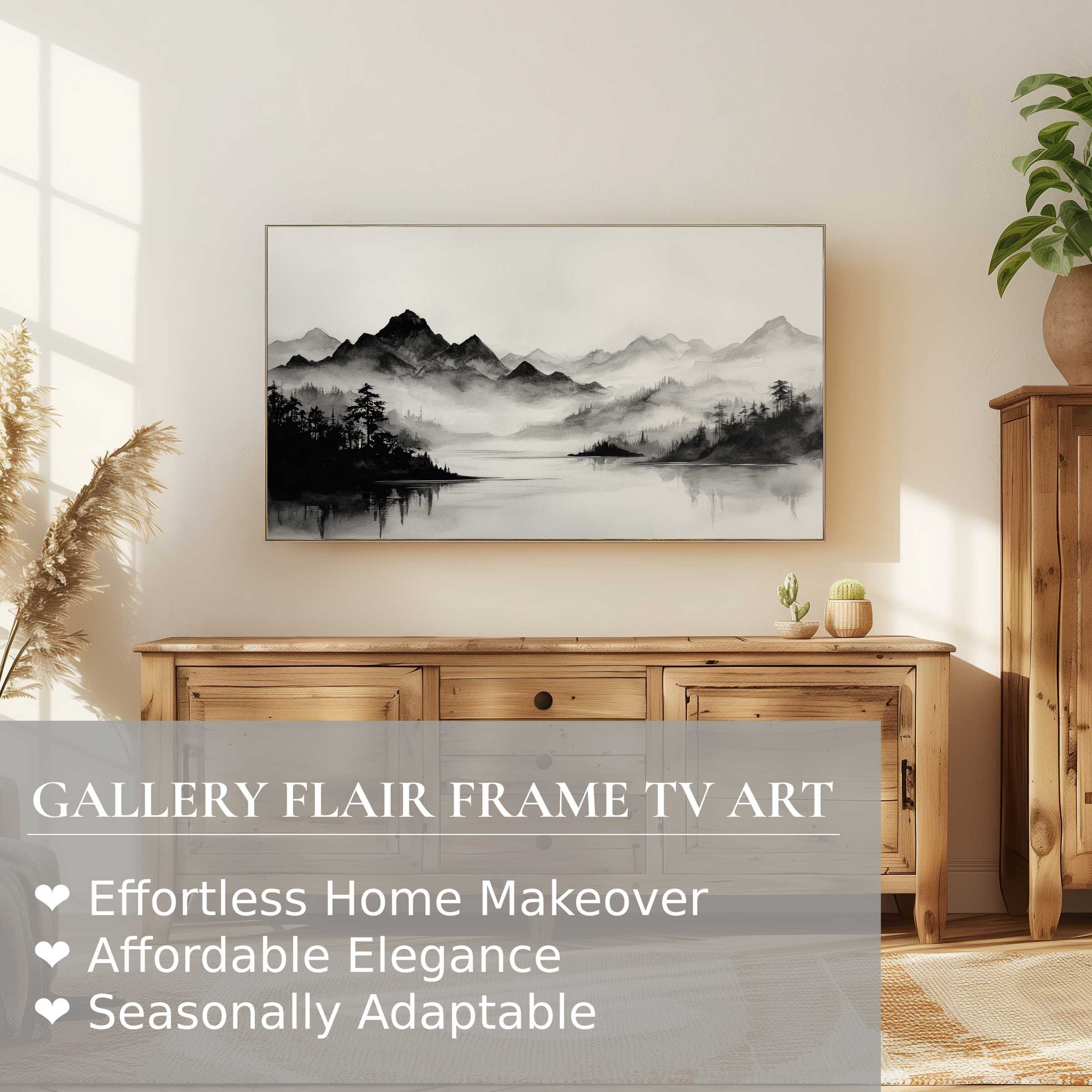 Samsung Frame TV displays serene black and white digital artwork of misty mountains, perfect for elegant decor