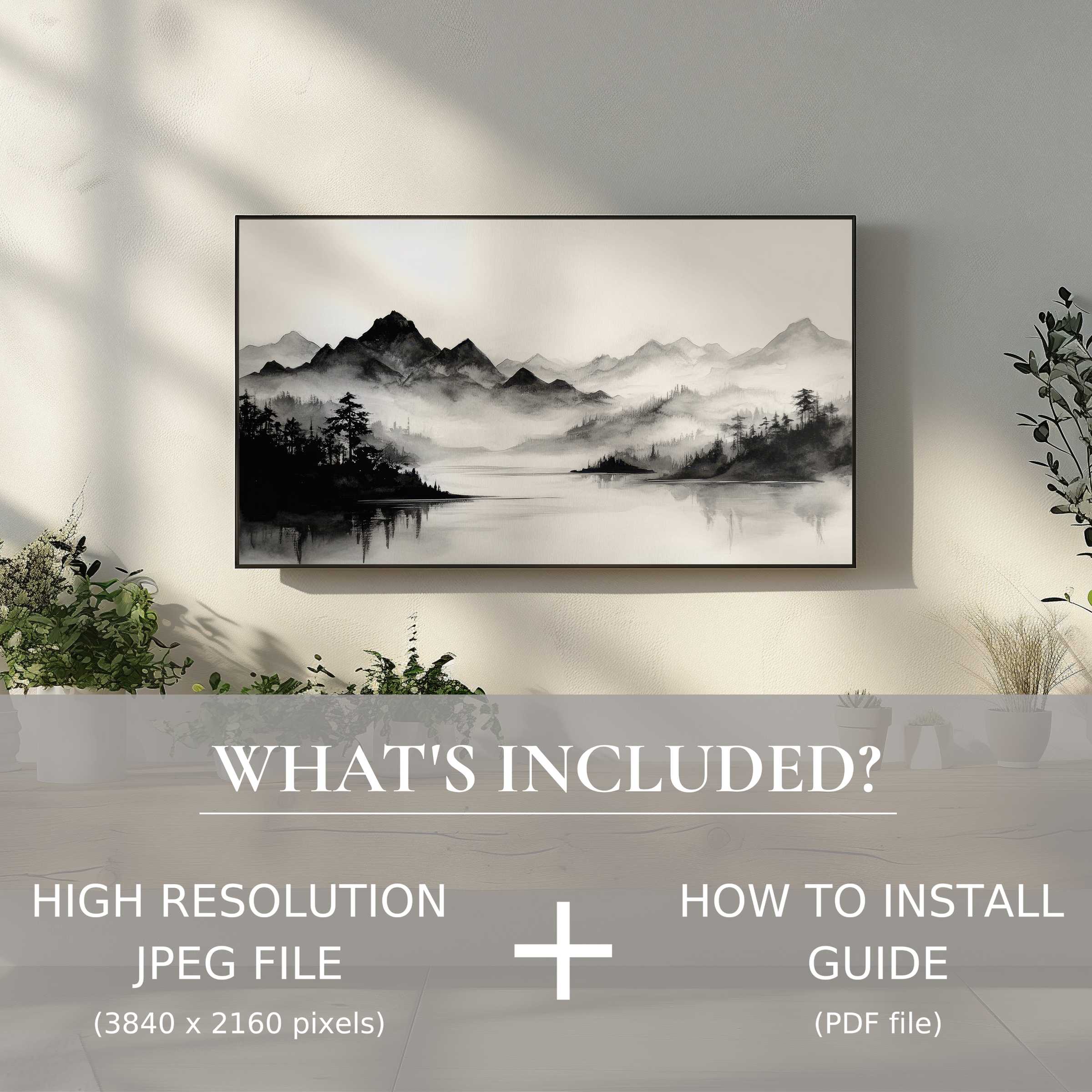 Elegant black and white digital TV art download enhances living spaces with effortless digital use and serene mountain scenery