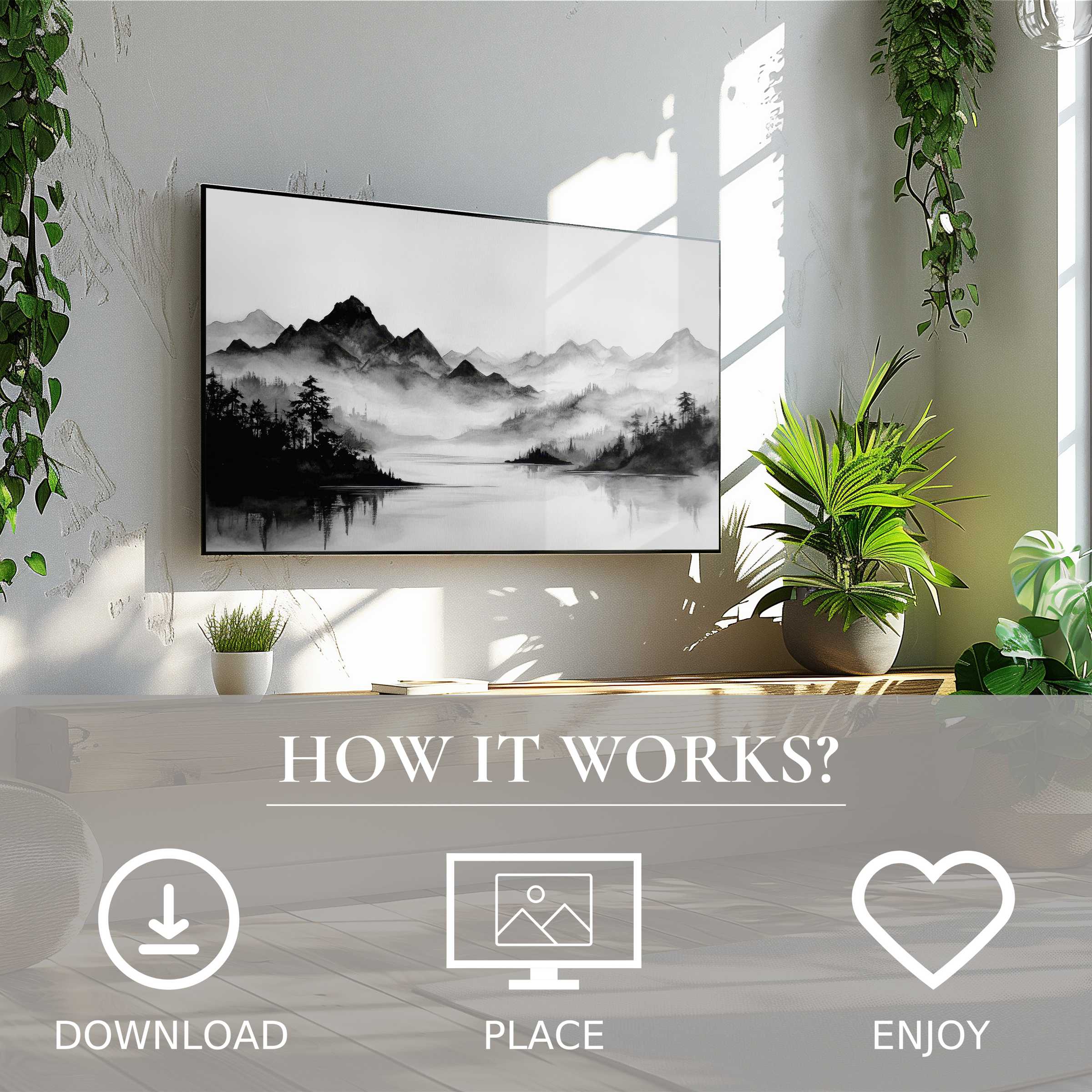 Black and white art for Samsung TV shows misty mountain flow, easy digital download enriches modern living spaces