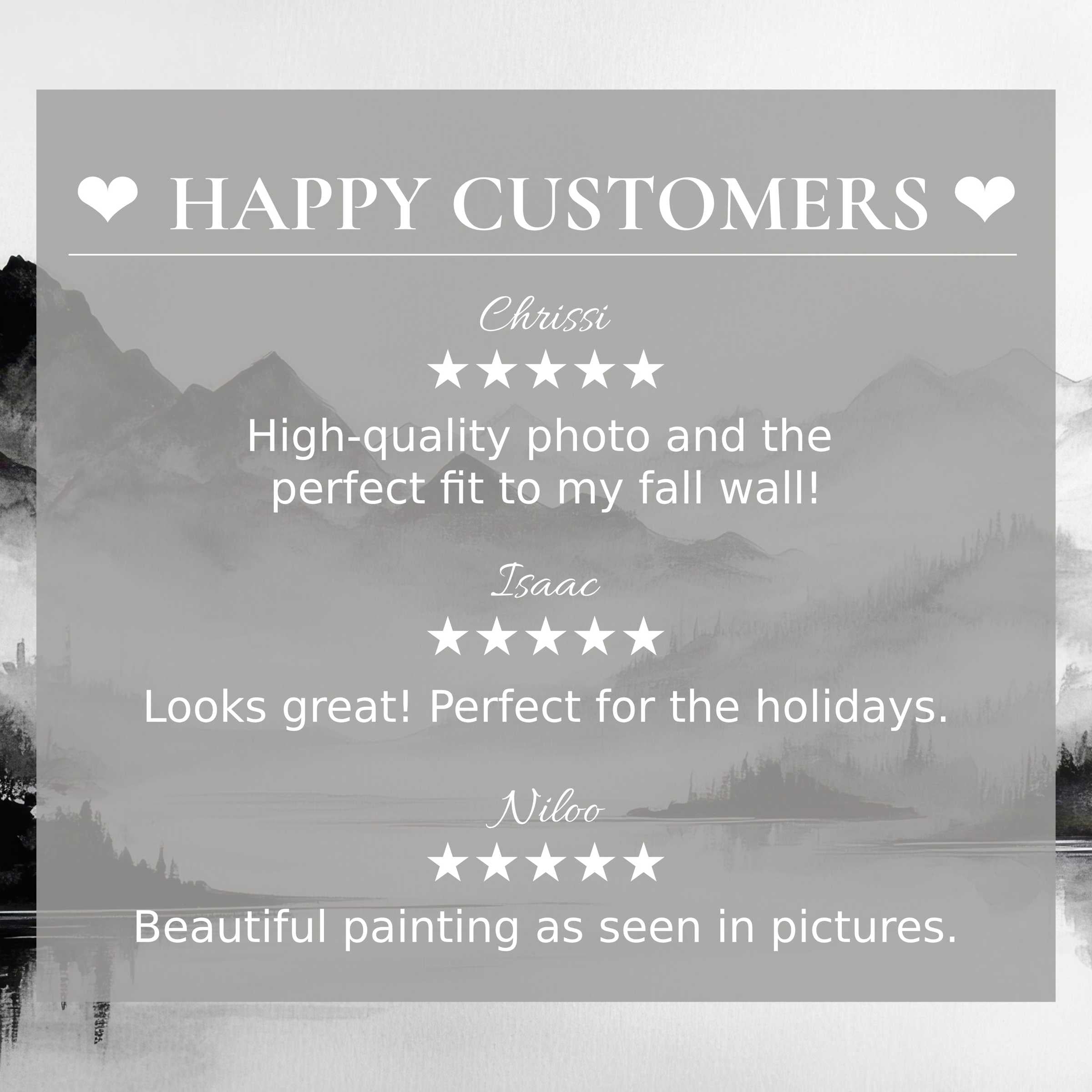 Black and white art for Frame TV with misty mountains, showcasing happy customer reviews and elegant design