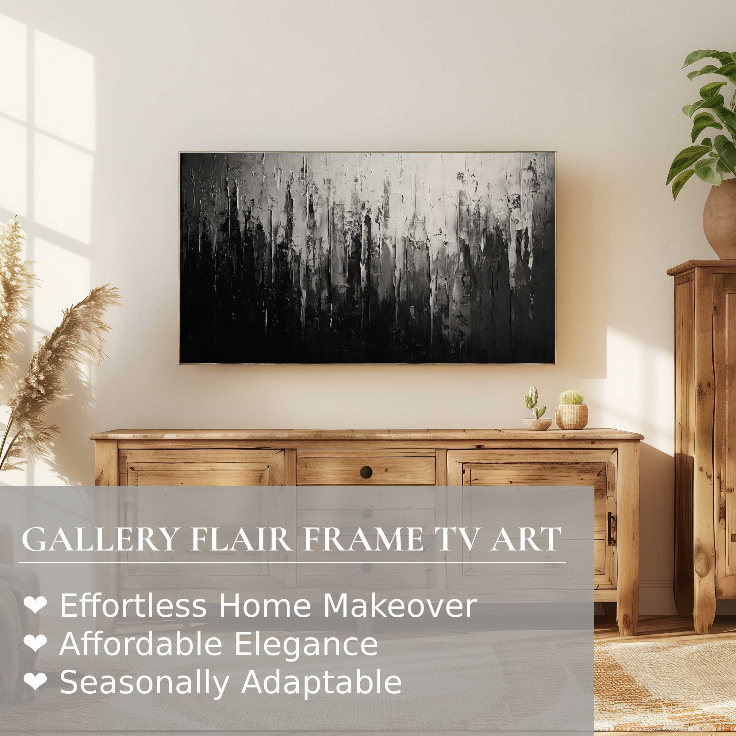 Samsung Frame TV displaying elegant black and white abstract digital artwork in a warm, modern living space