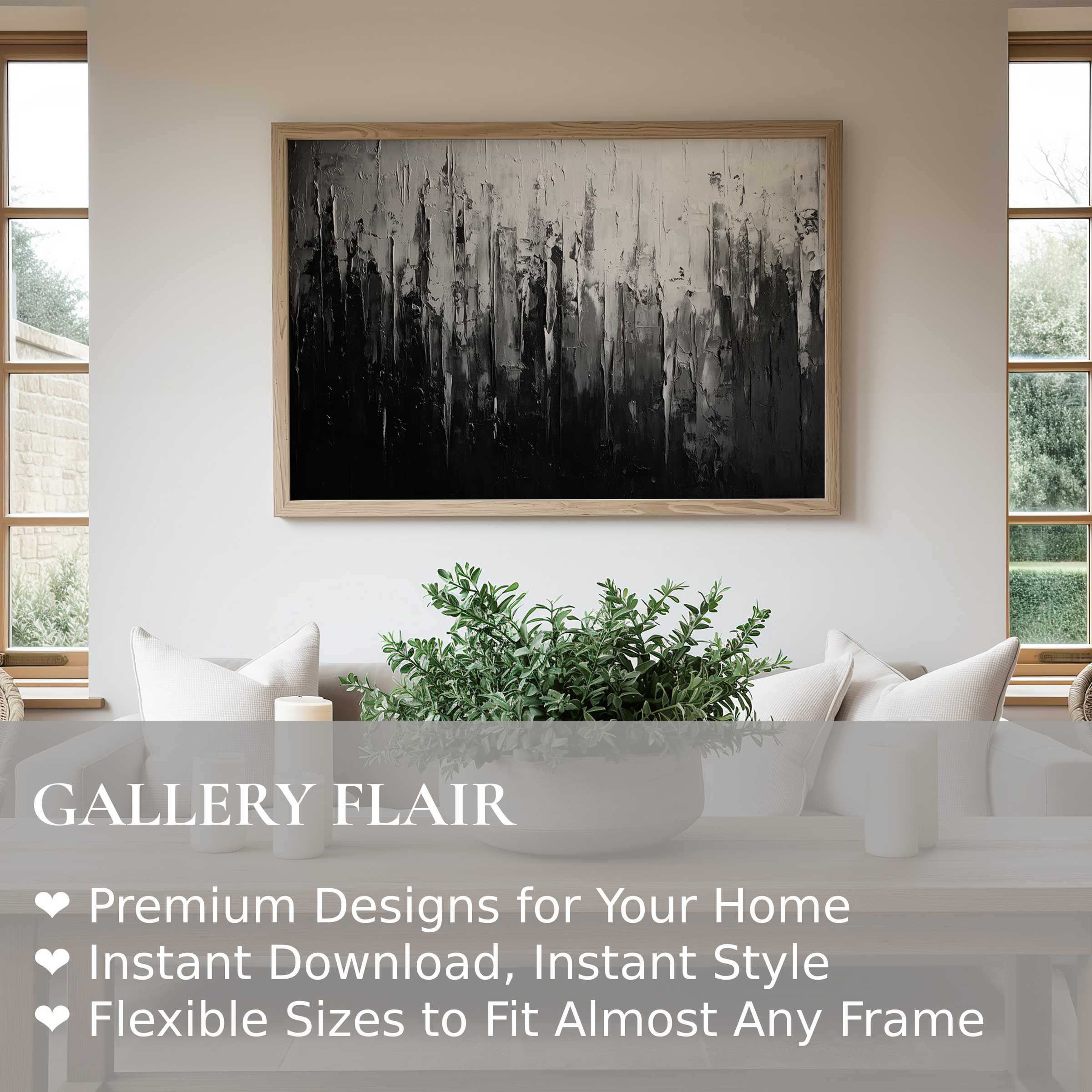 Abstract wall art print in monochrome tones elevates modern minimalist interiors with bold texture and a dramatic, sophisticated ambiance