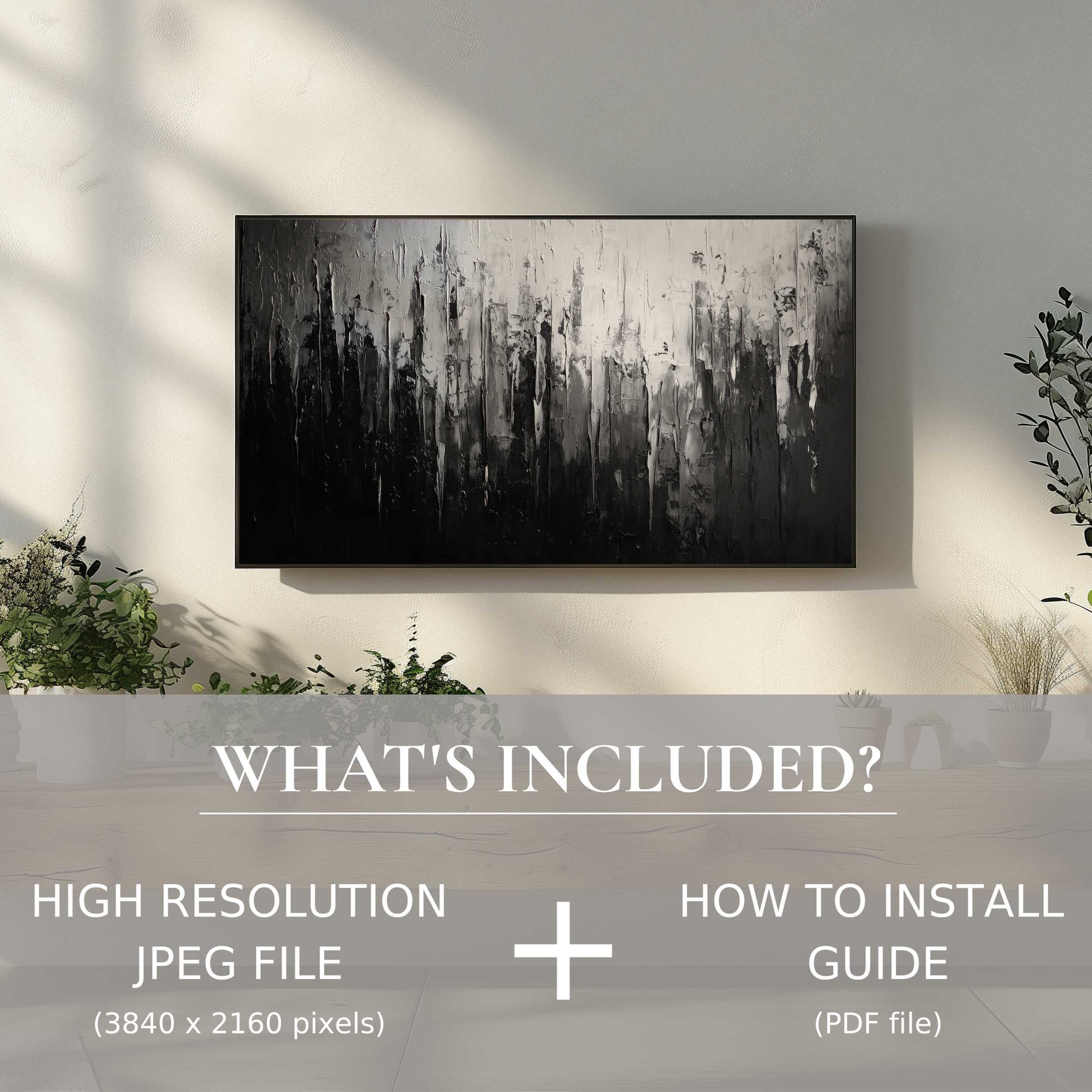 Elegant living room enhanced by abstract digital TV art download, easy to use, modern style for chic decor