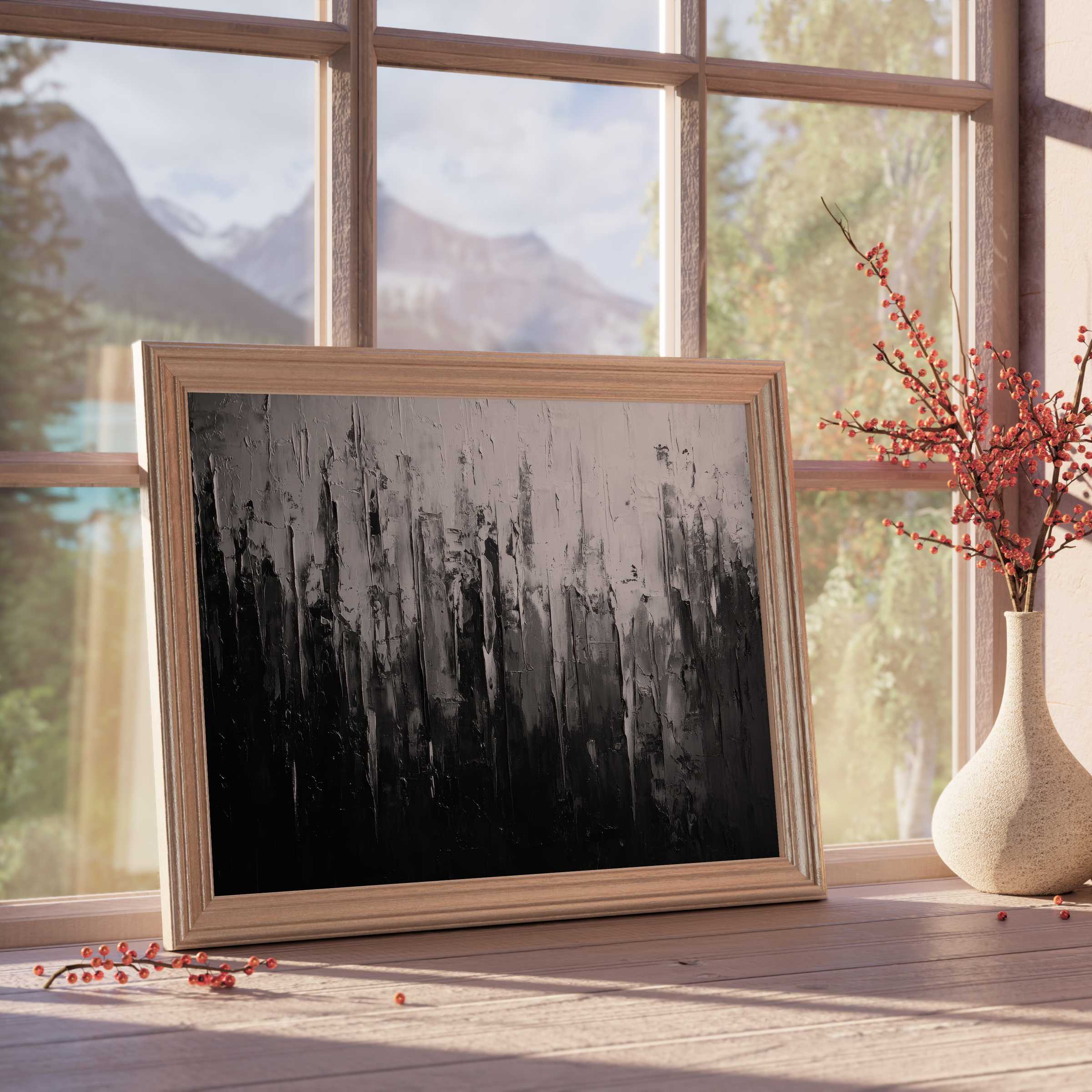 Elegant abstract downloadable art in monochrome tones, evoking tranquil, textured depth for refined, design-forward interiors