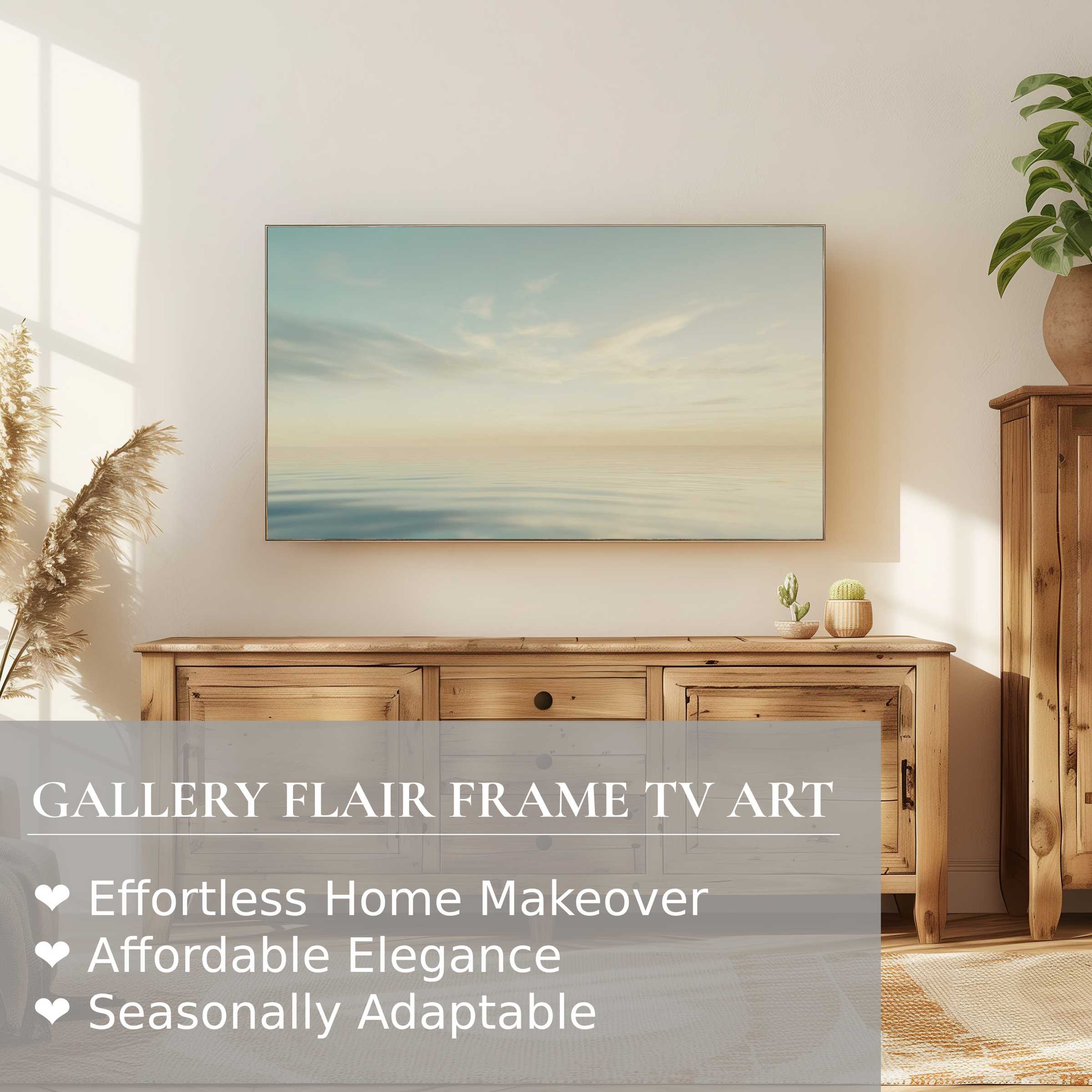 Samsung Frame TV displaying neutral digital artwork of serene skies over water in a warm, modern setting