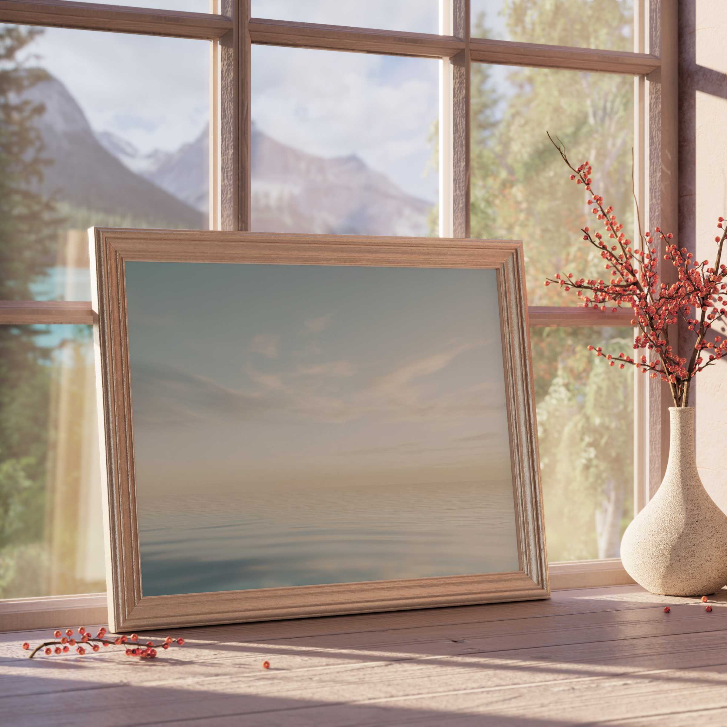 Serene neutral downloadable art framed in natural wood, infusing calm, minimalist elegance and tranquil vibes into refined, modern interiors