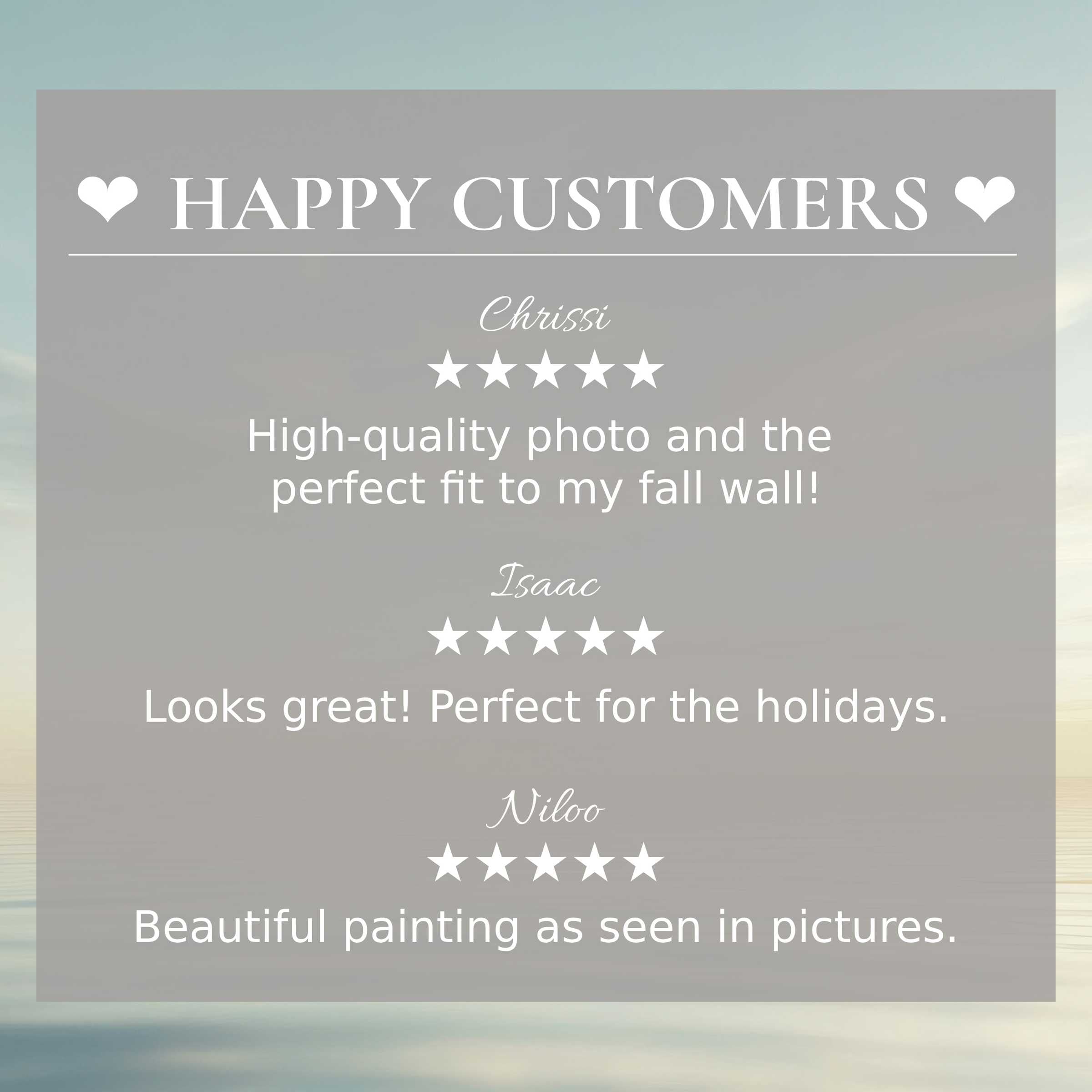 Neutral art for Frame TV with soft sunset tones, highlighting happy customer reviews and elegant, trustworthy design