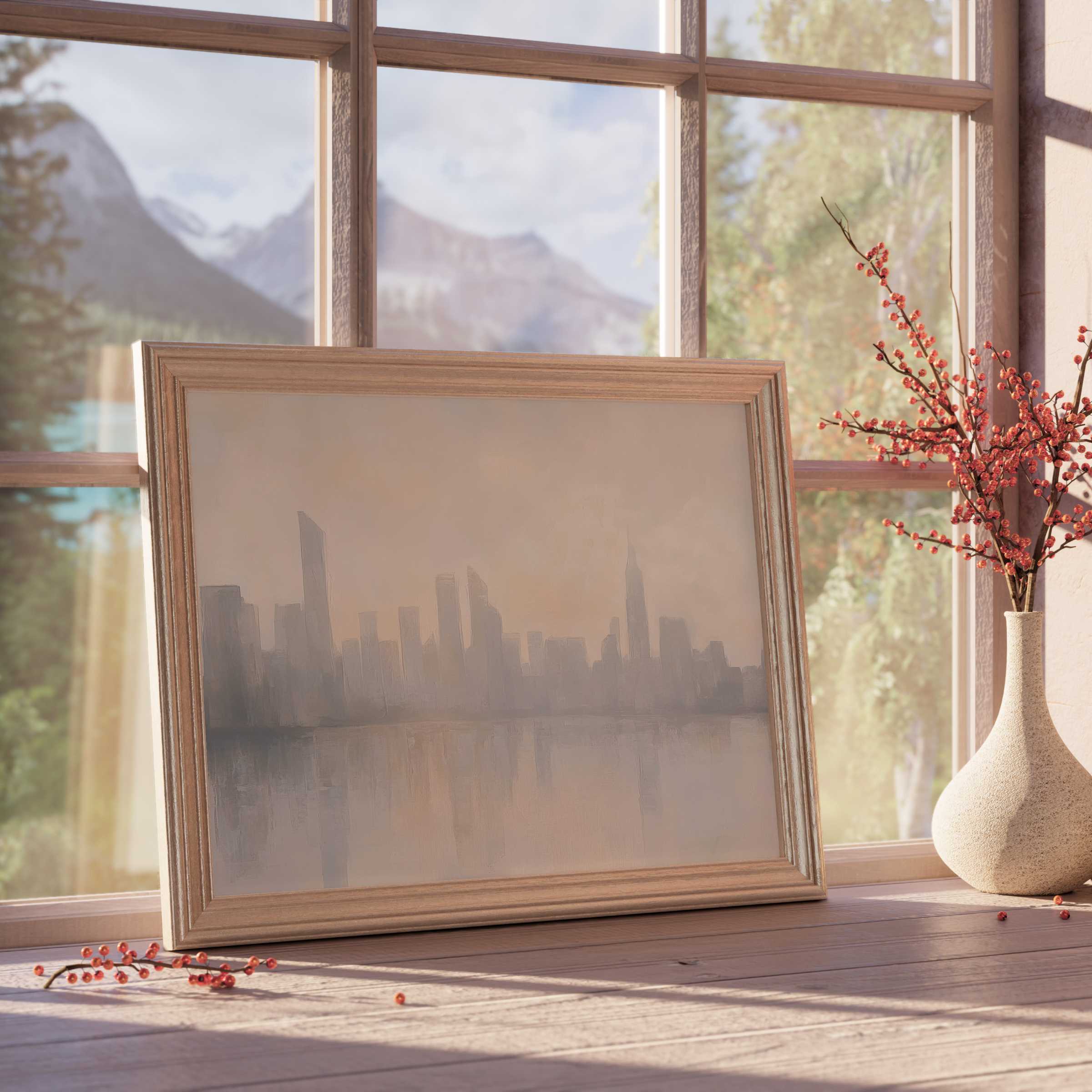 Serene urban downloadable art depicting a misty city skyline in warm beige hues, enhancing tranquil, design-forward interiors