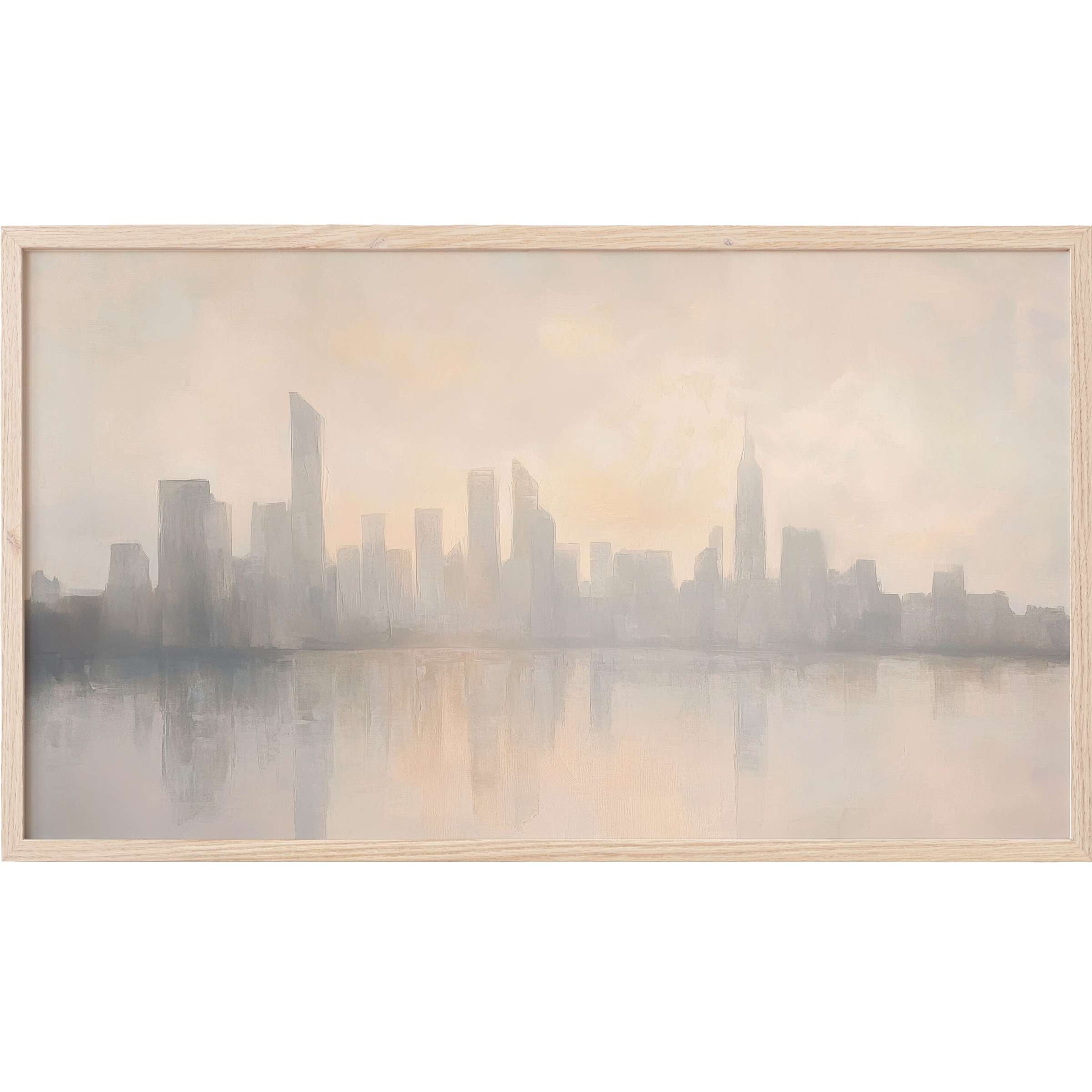 Softly blurred gray skyline with warm beige tones reflects subtly in water, elegant urban Frame TV Art for modern spaces