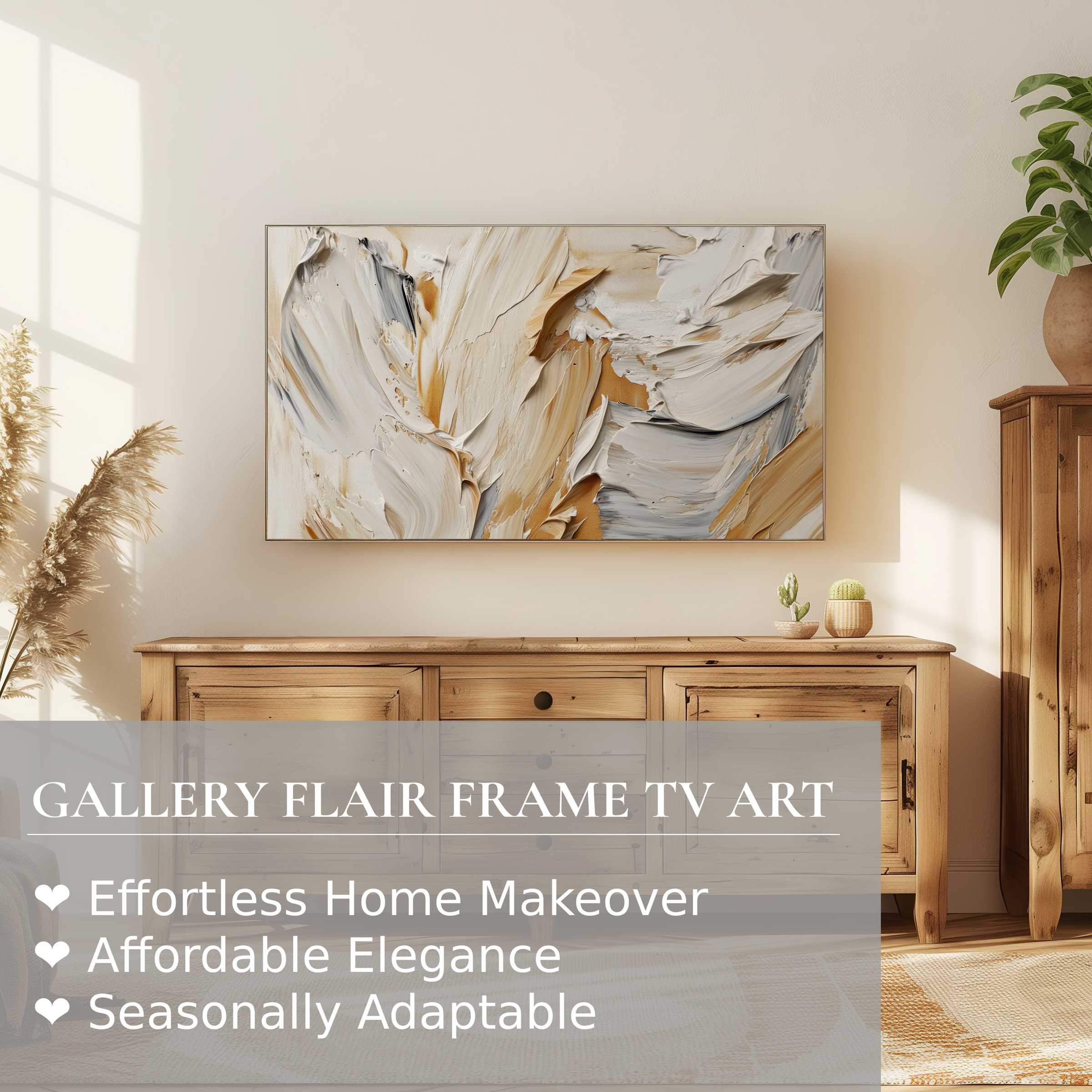 Samsung Frame TV showcasing modern digital artwork in a serene, elegant home setting with neutral tones