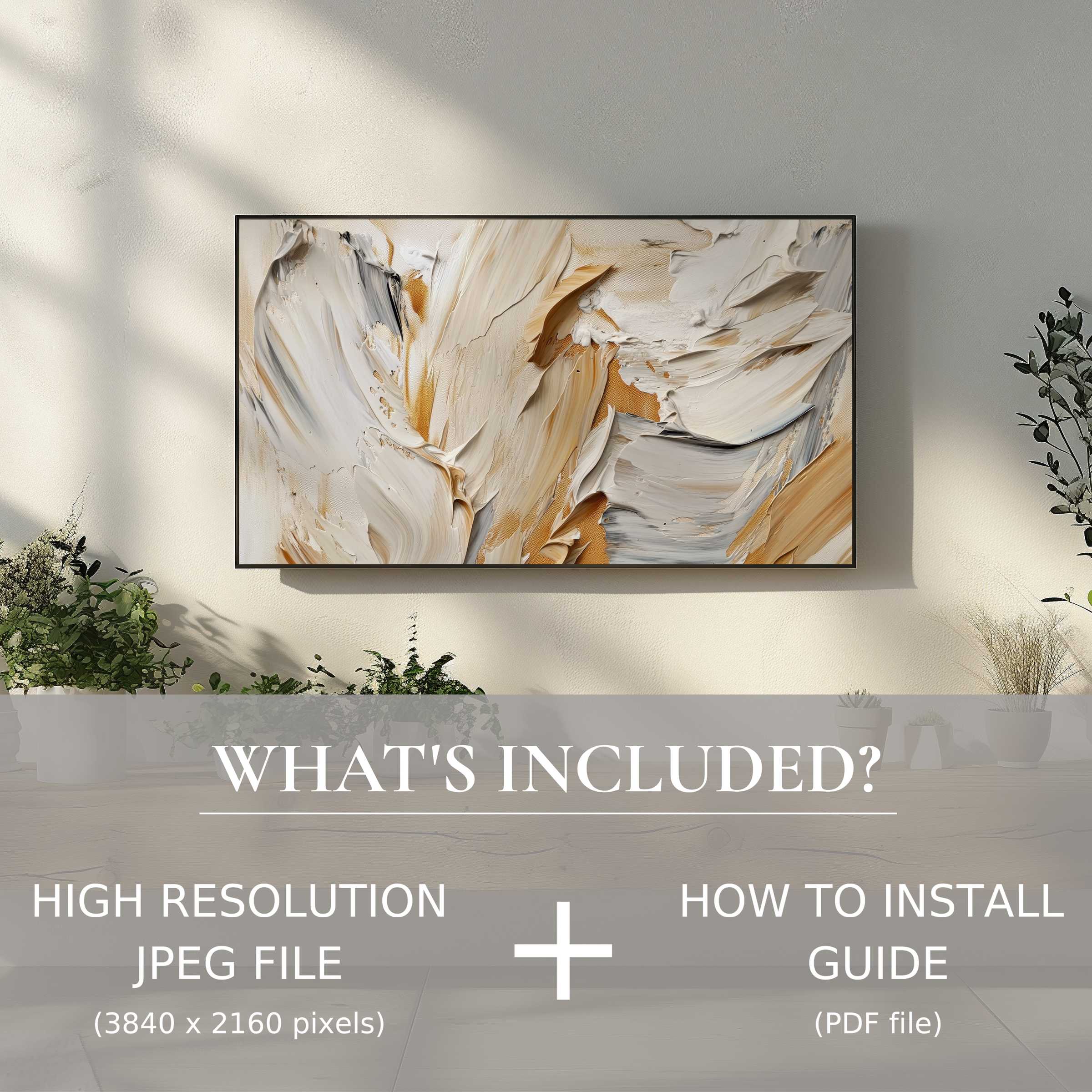 Elegant living space enhanced by modern digital TV art download, easy-to-use high-res JPEG and guide included