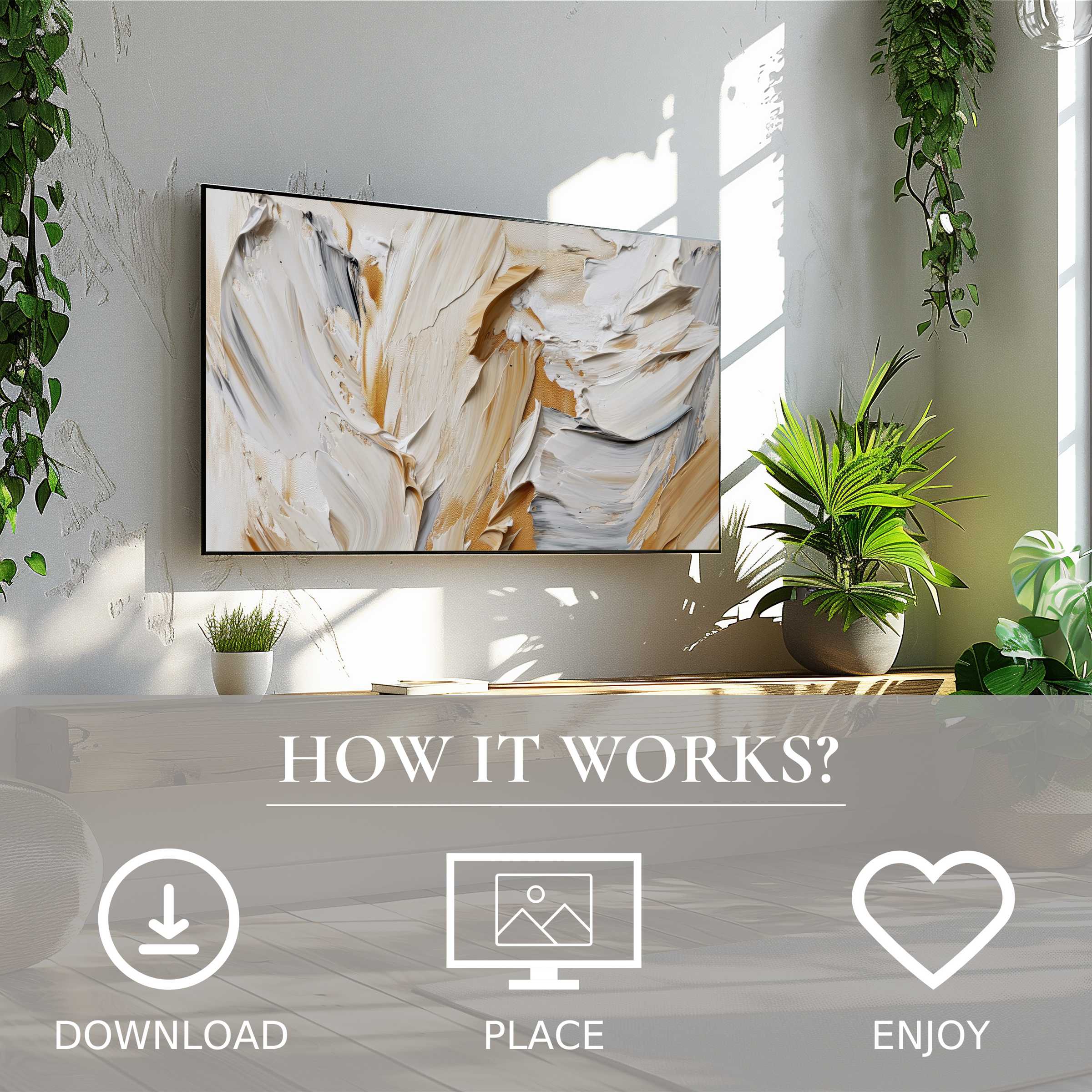 Modern art for Samsung TV with neutral color flow on The Frame TV; easy digital download enriches any stylish living space