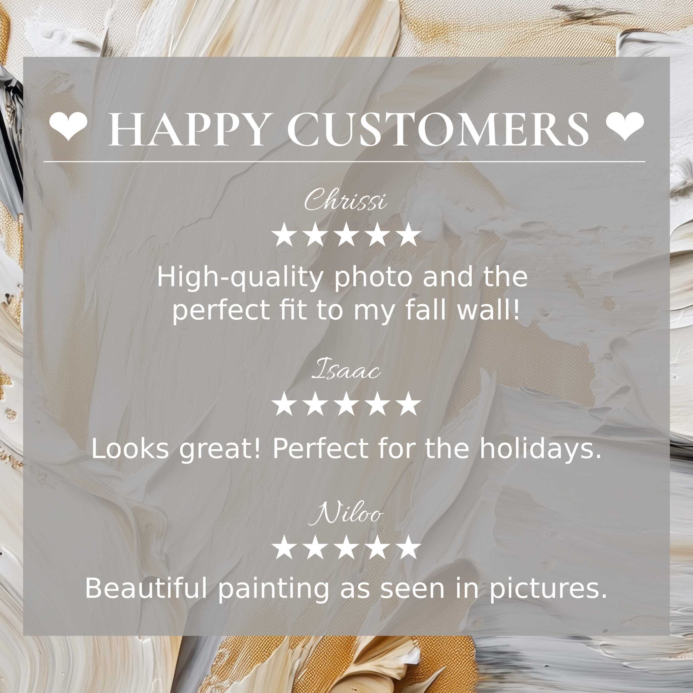 Modern art for Frame TV with textured neutral tones, showcasing happy customer reviews and elegant aesthetic