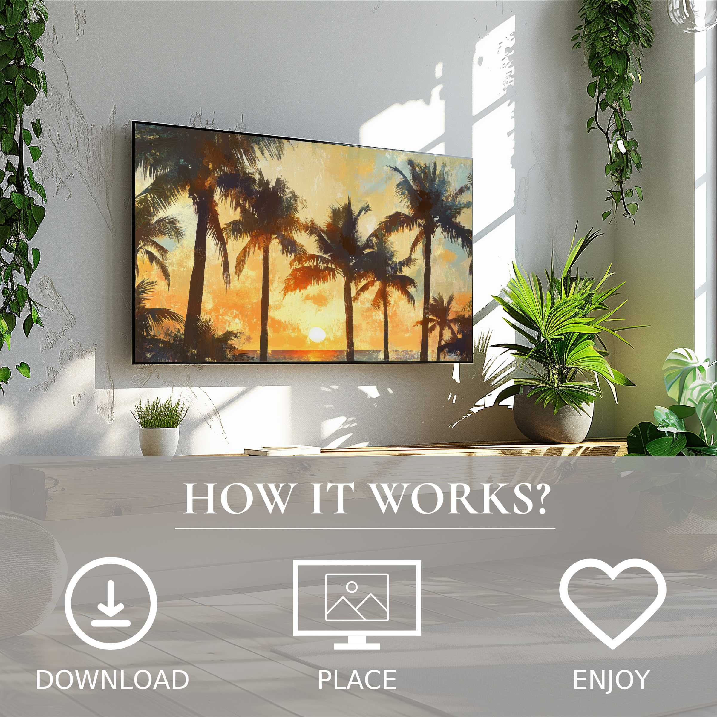 Tree art for Samsung TV shows warm sunset tones with palm silhouettes; easy digital download enriches modern spaces