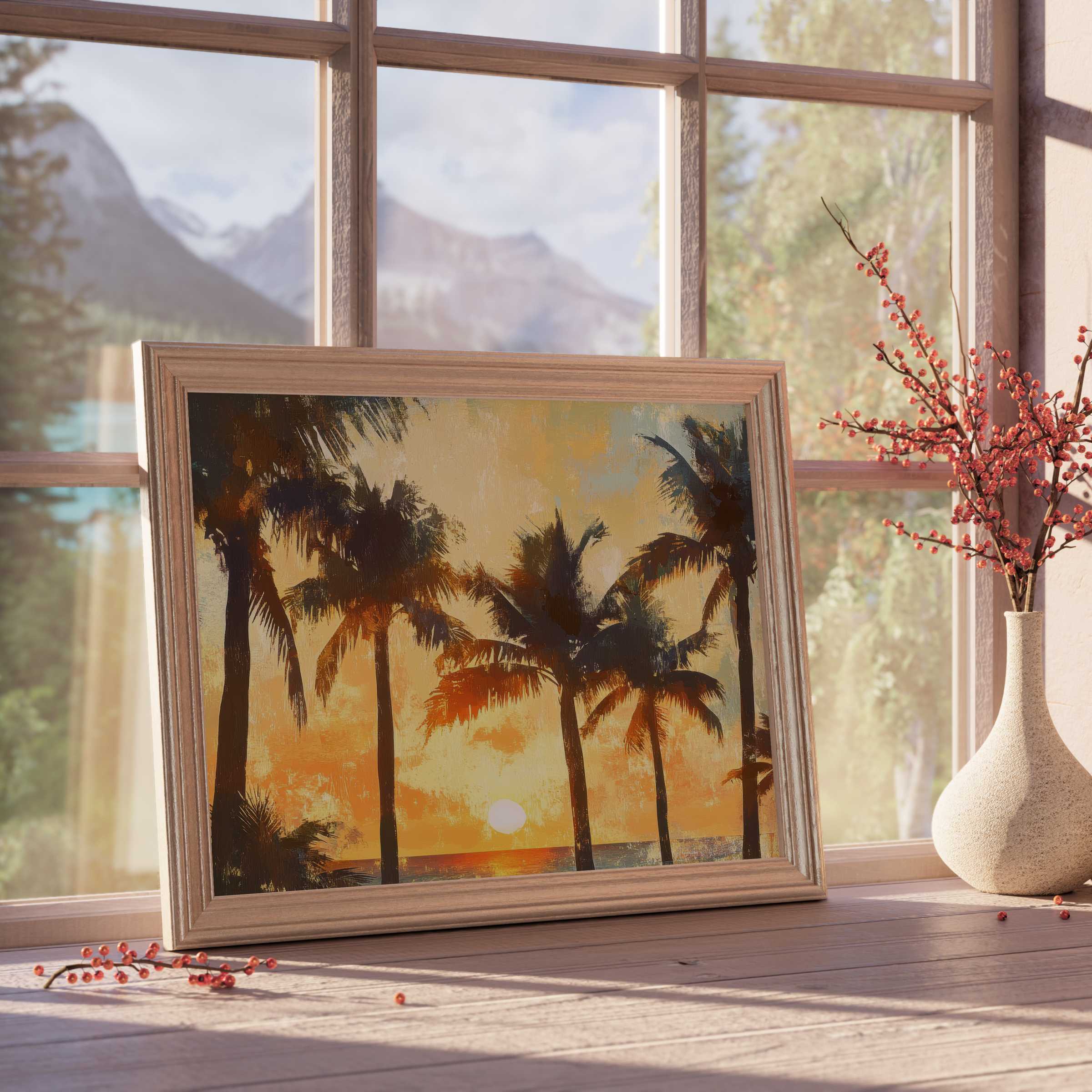 Sunset glow bathes silhouetted palm trees in this serene tree downloadable art, perfect for curated, tranquil interiors