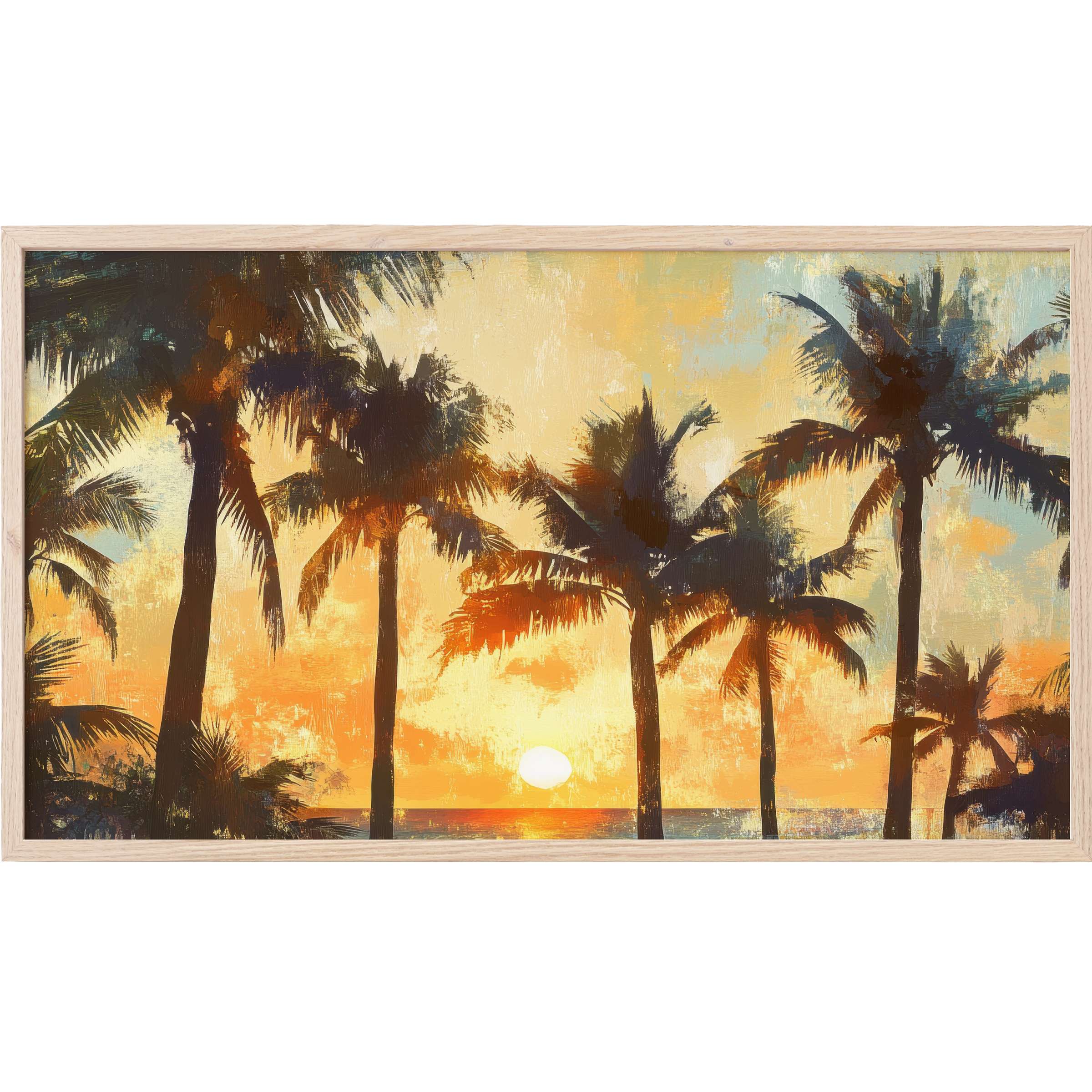 Sunset silhouettes of palm trees in warm amber hues with textured brushstrokes, elegant tree Frame TV Art