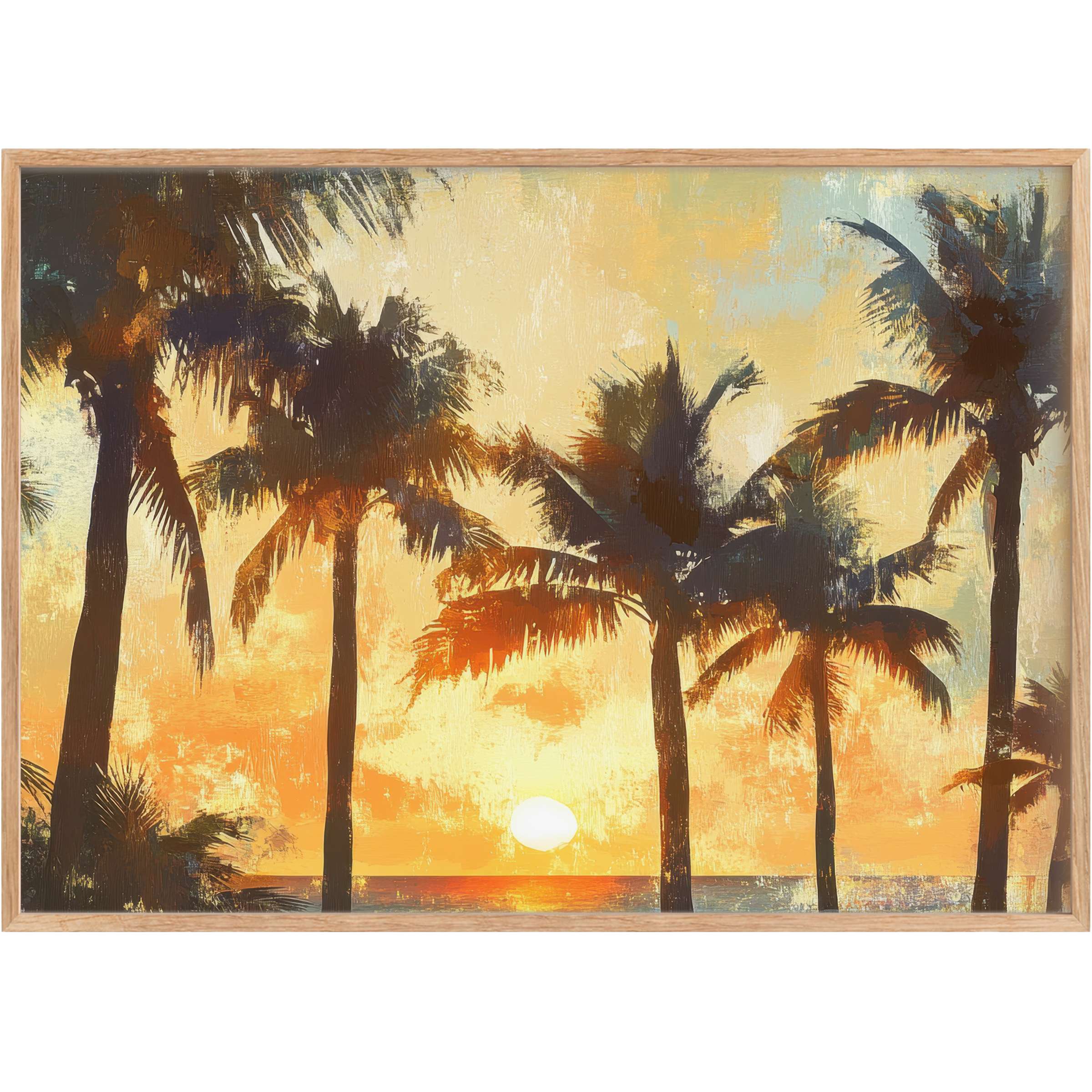 Elegant tree printable wall art capturing a radiant sunset with silhouetted palms, infusing warmth and tranquil golden hues