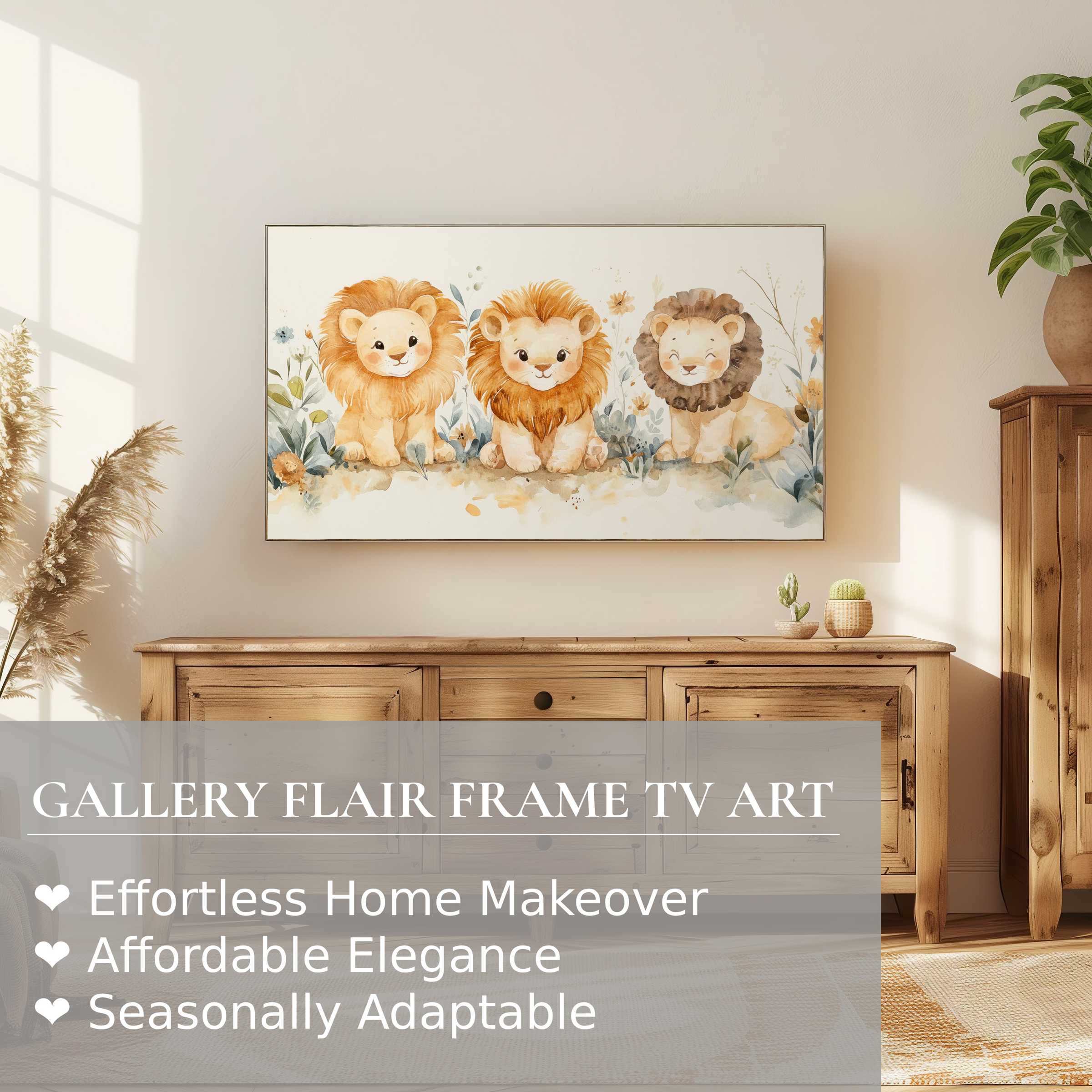 Modern nursery digital artwork of three watercolor lions displayed on Samsung Frame TV in warm, elegant home decor setting