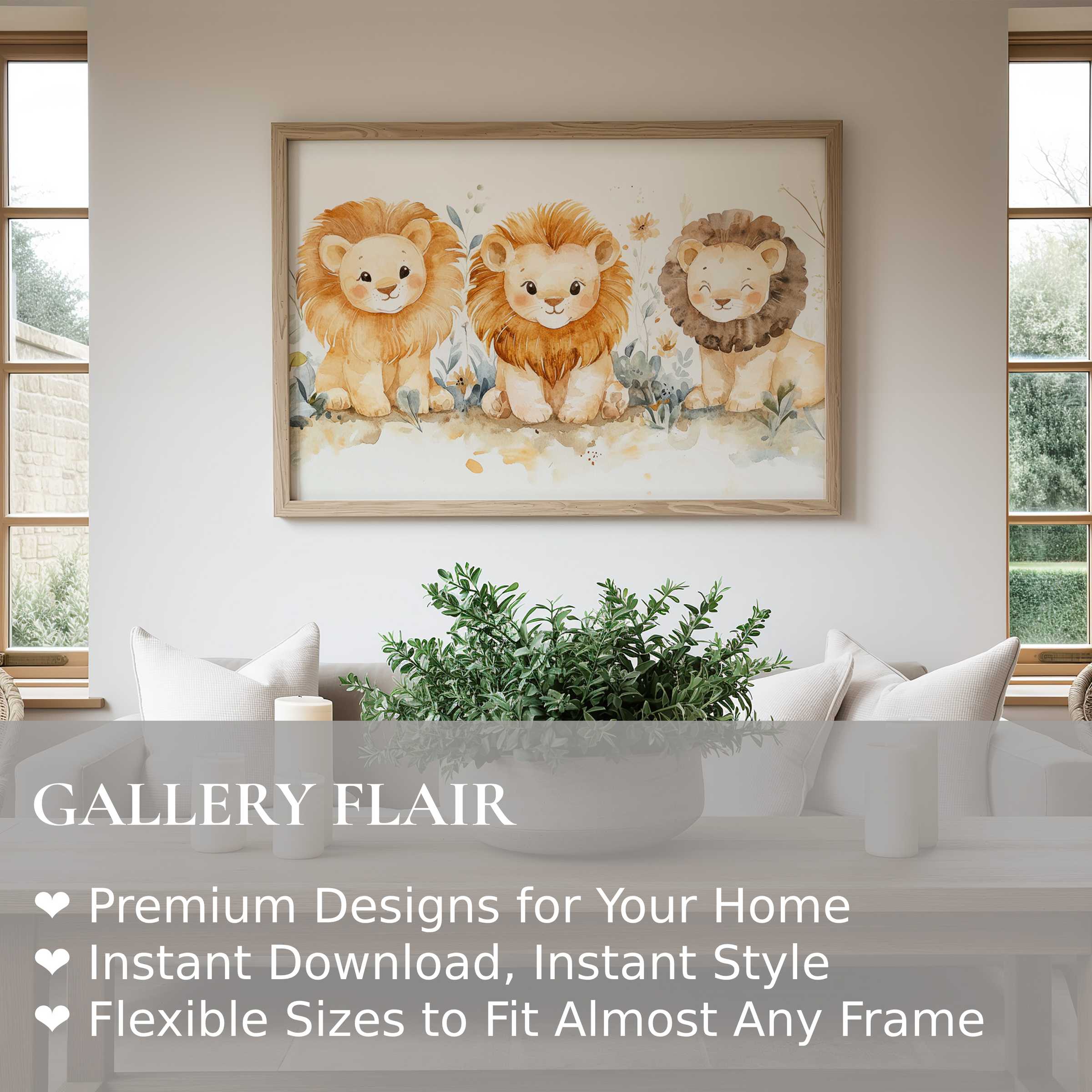 Nursery wall art print featuring soft, whimsical lion cubs in warm earth tones, adding cozy charm to modern nursery decor