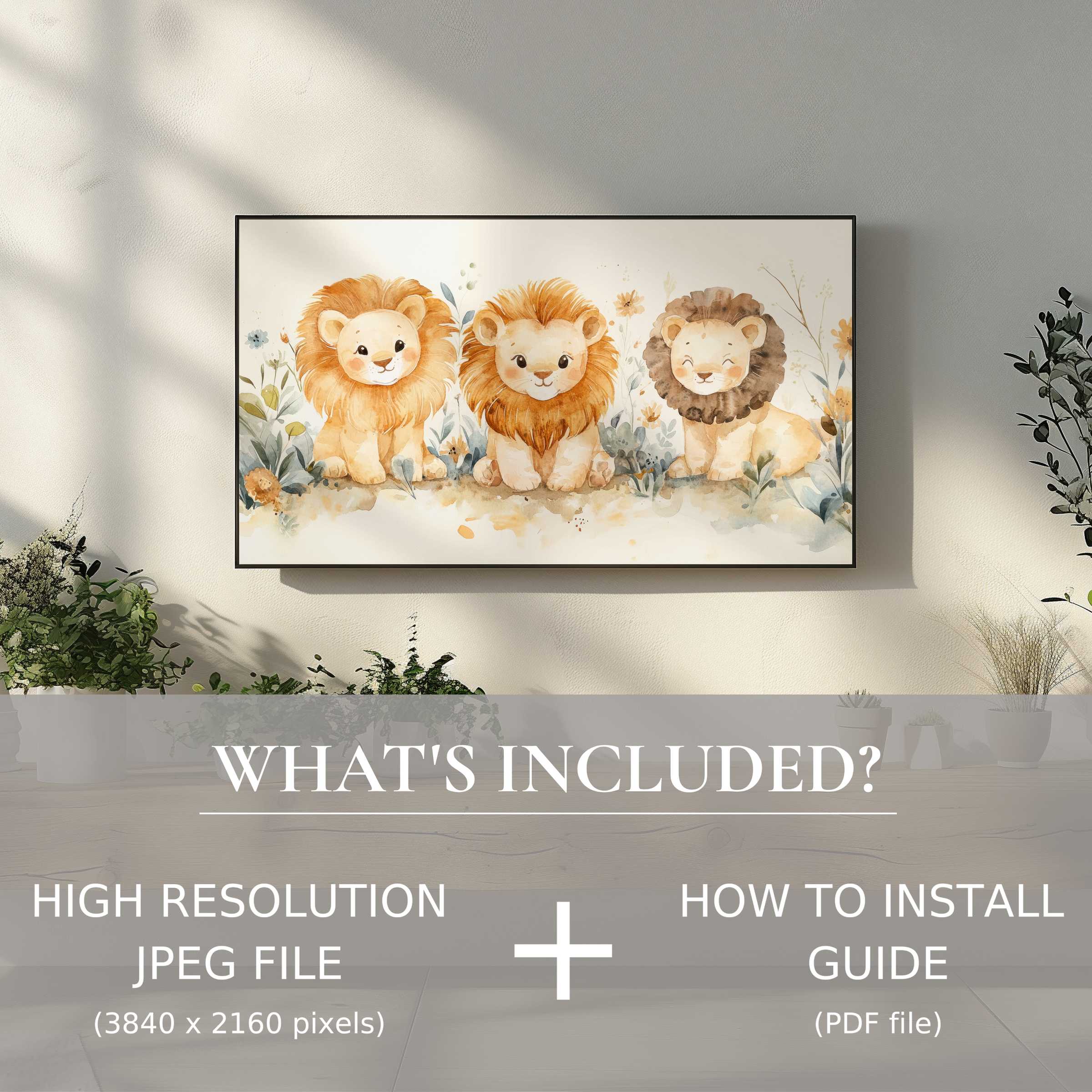 Stylish nursery digital TV art download with three charming lions, enhancing your space with easy digital use and modern charm