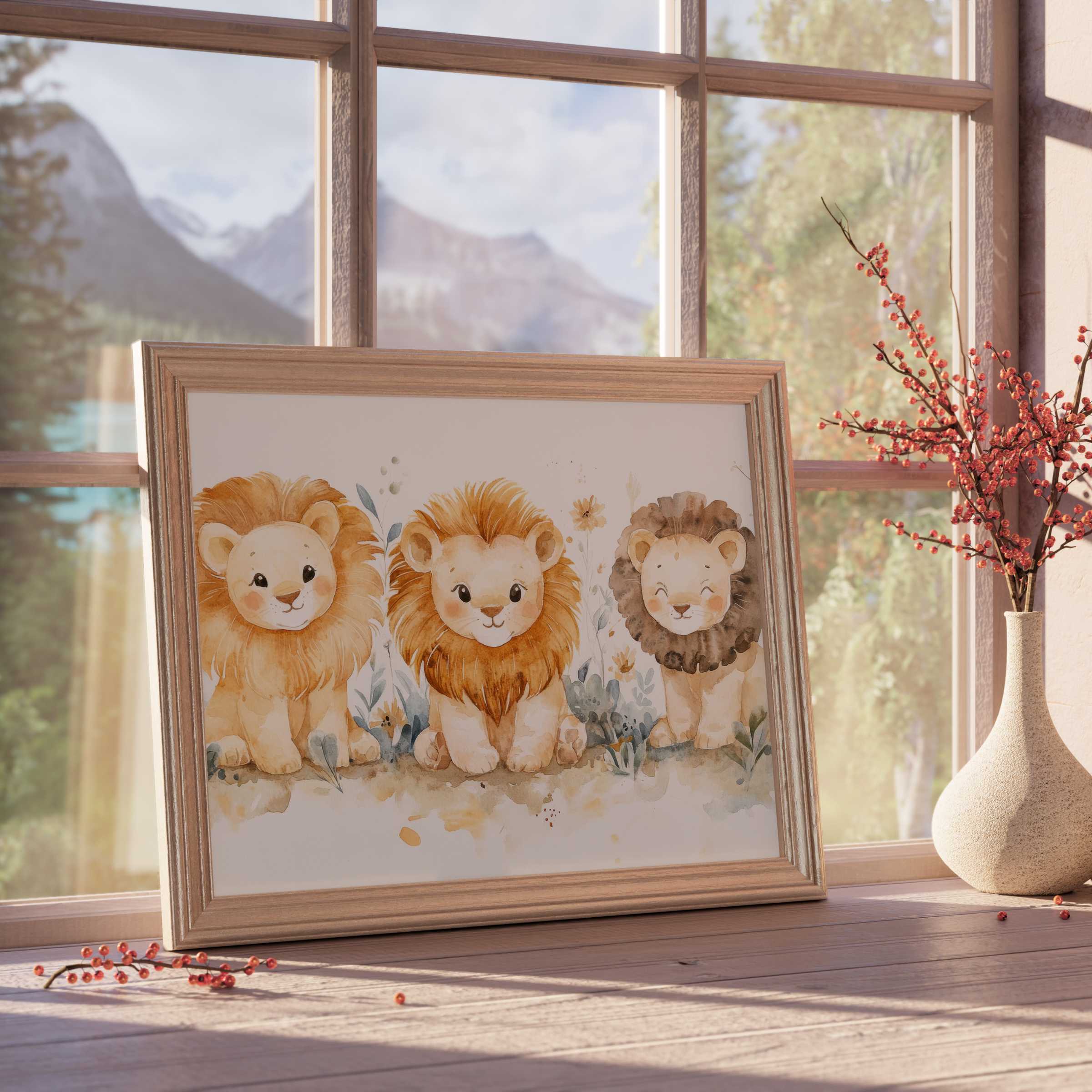 Charming nursery downloadable art featuring soft watercolor lion cubs, elevating serene, design-forward nurseries with warm, curated elegance