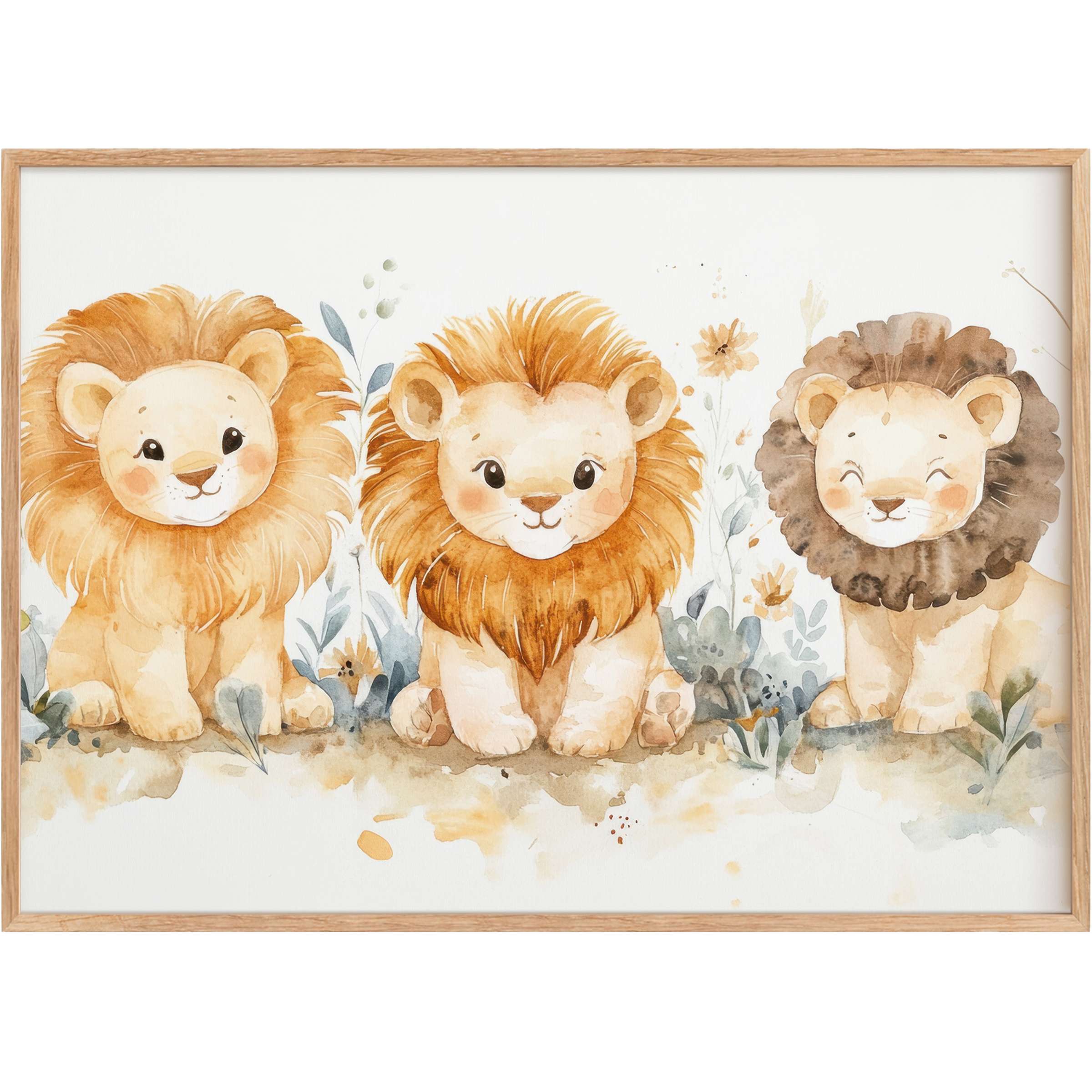 Charming nursery printable wall art featuring three watercolor lion cubs in warm caramel and soft brown tones, evoking a gentle, cozy ambiance