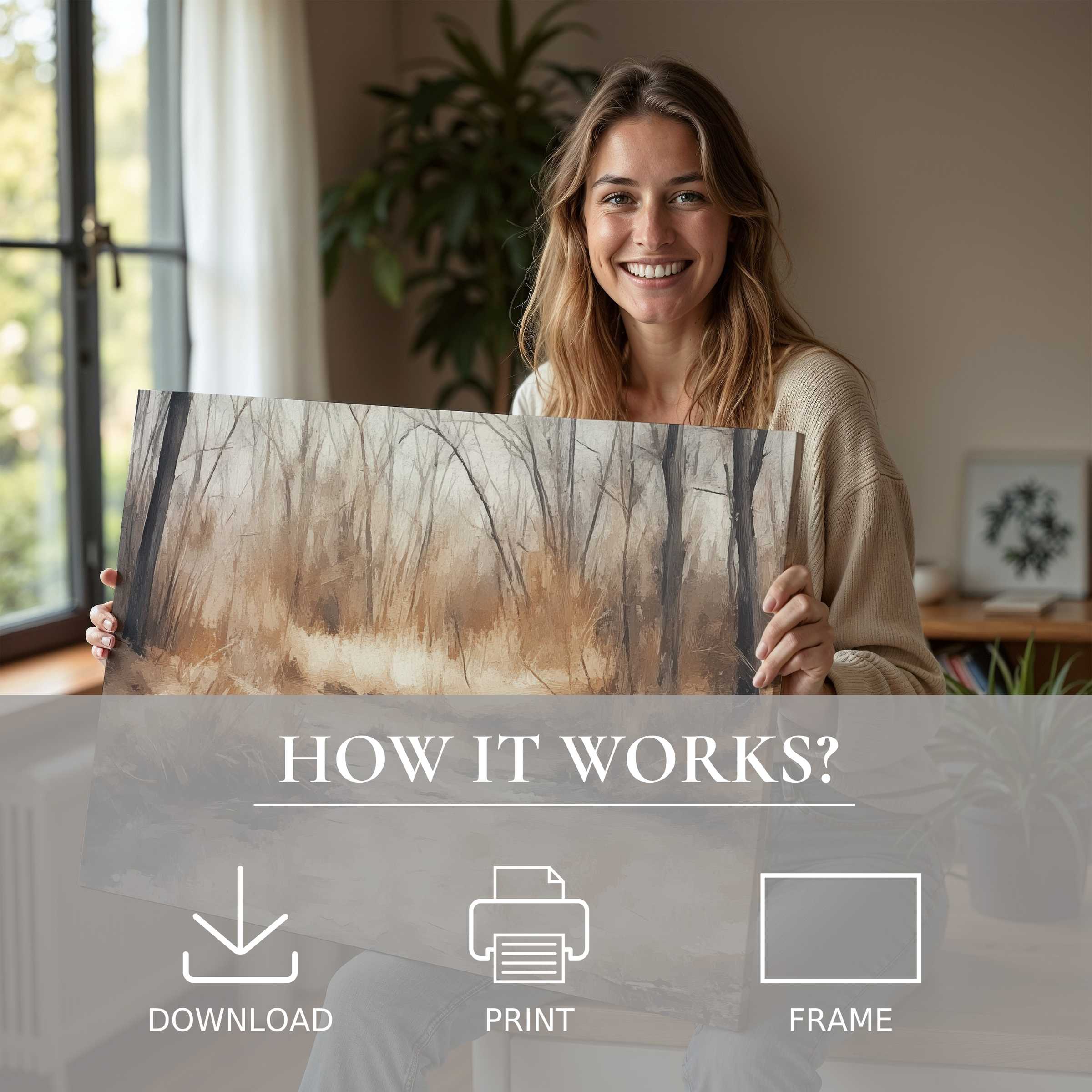 Contemporary woman embraced by warm light, sharing a vintage digital art print’s tranquil, timeless beauty in her elegant home