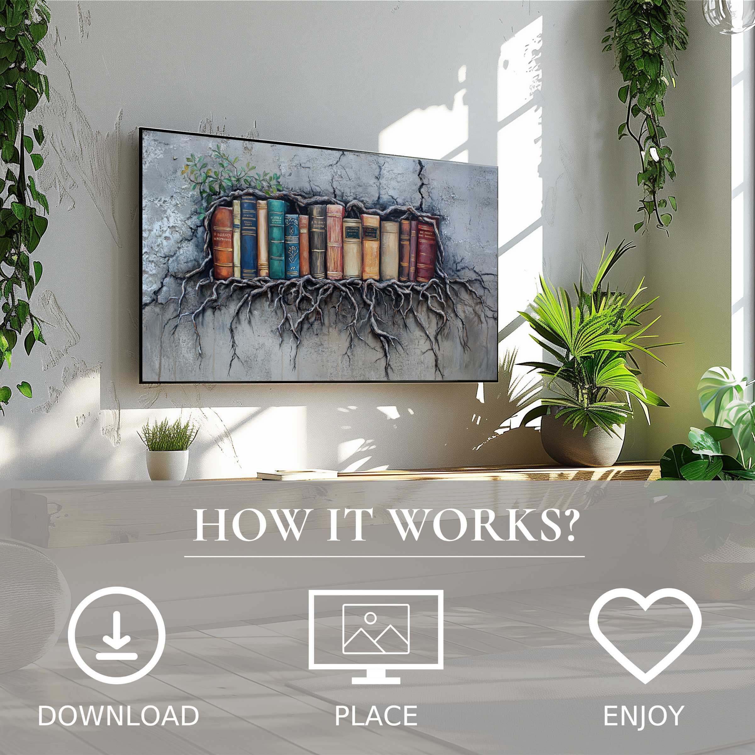 Modern living room with street art for Samsung TV; digital download shows earthy book roots, enriching any space