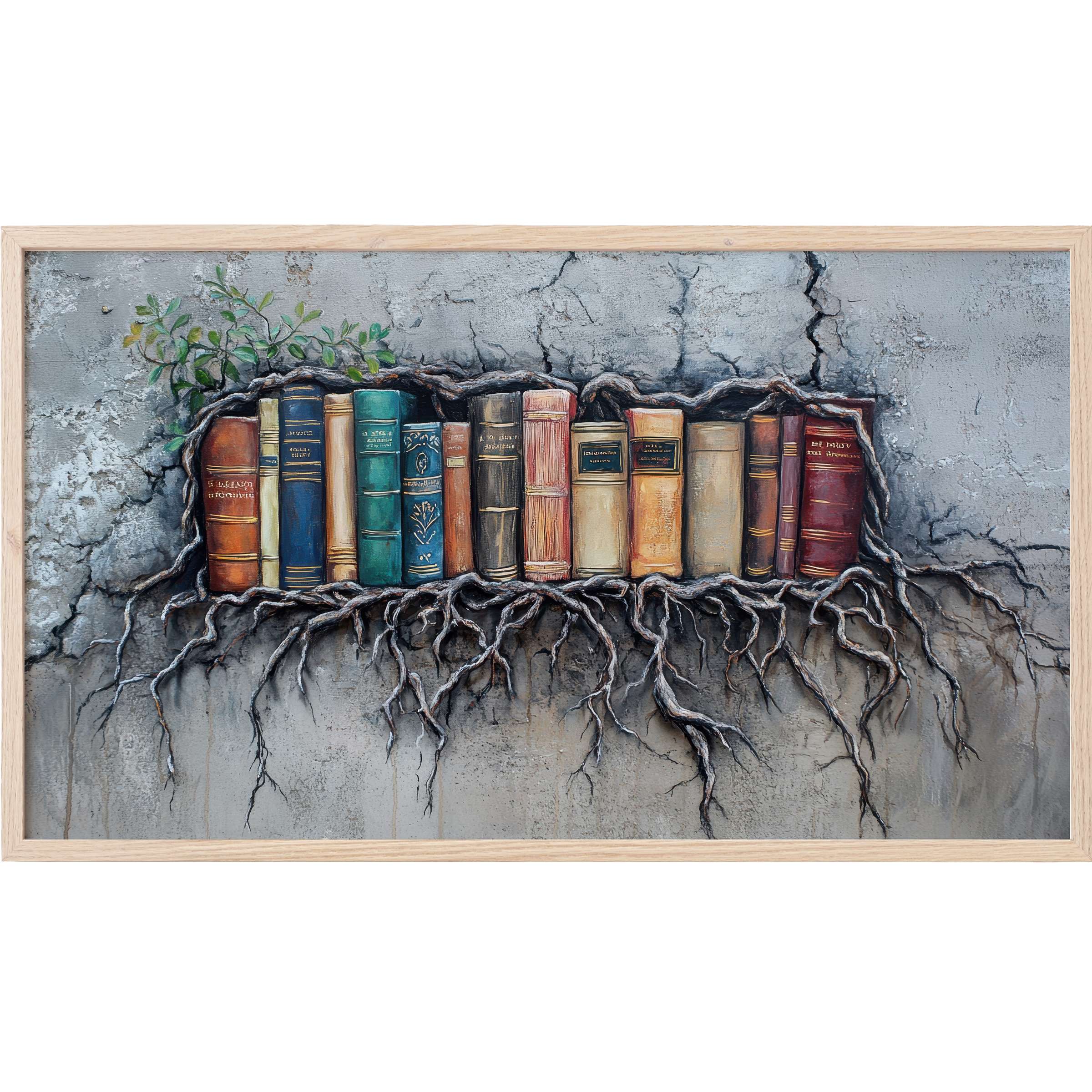Vintage books with earthy tones and green leaves emerge from cracked wall roots in street art Frame TV Art