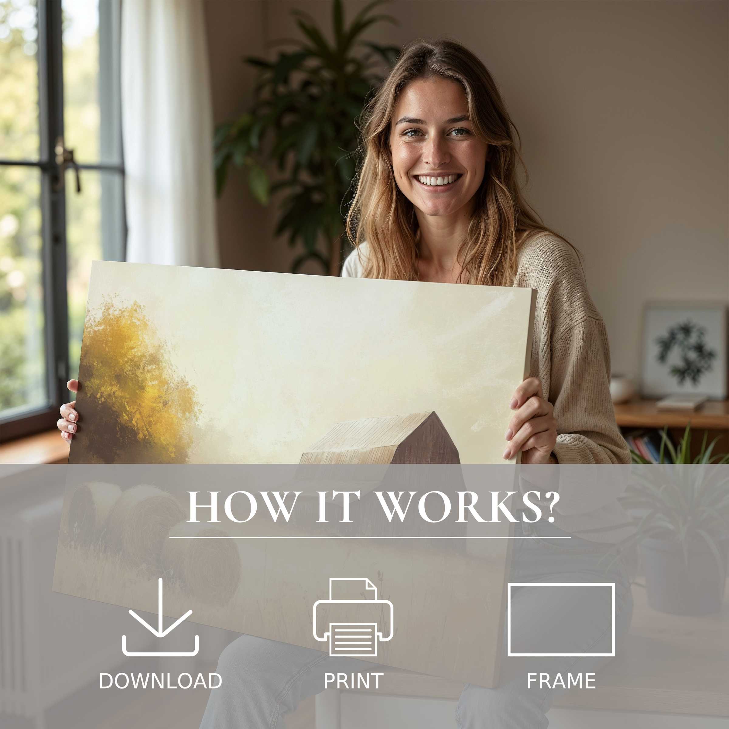 Bright farmhouse digital art print embraced in a modern home, capturing authentic joy and effortless style