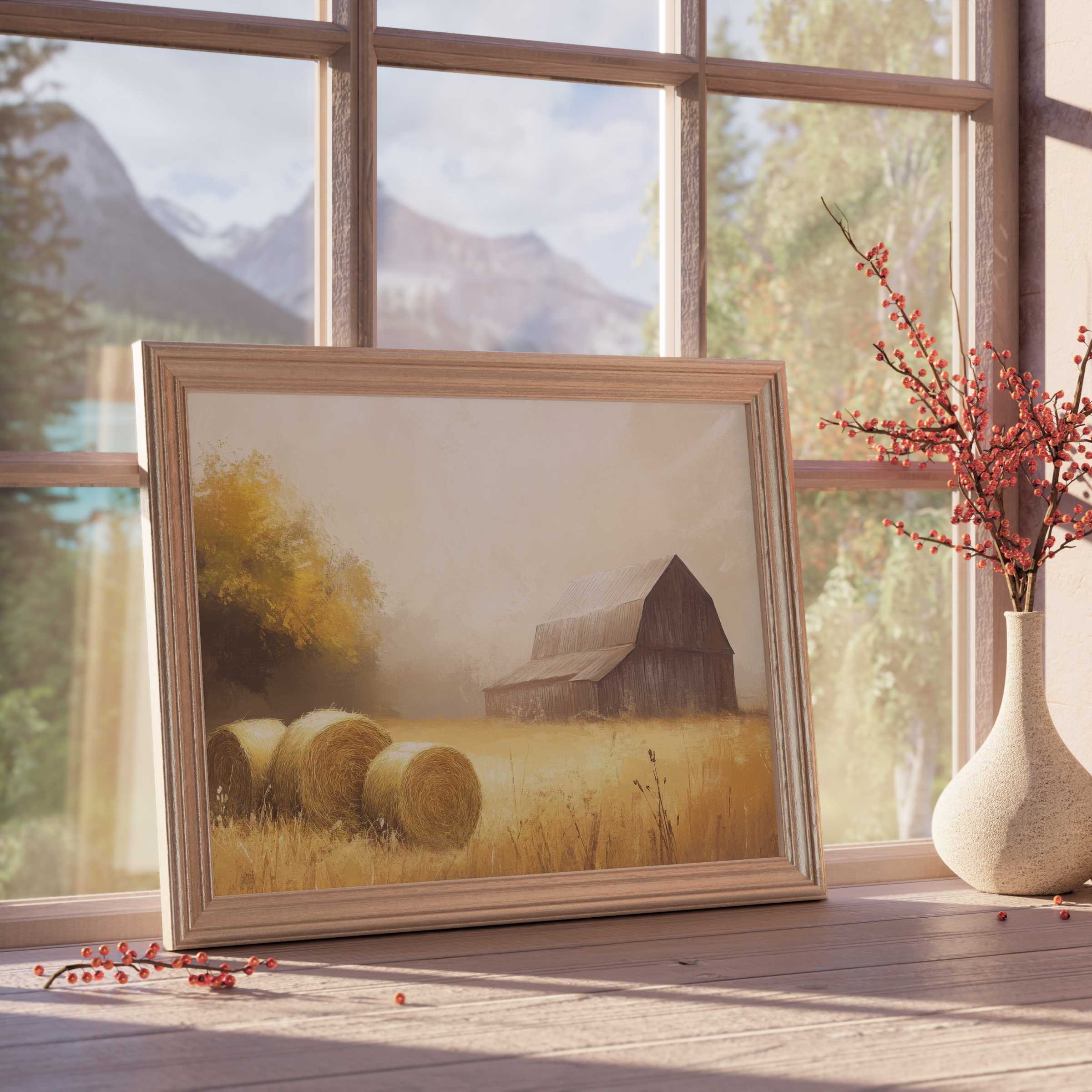 Rustic farmhouse downloadable art capturing serene golden fields, soft light, and timeless charm for elegant, calm interiors