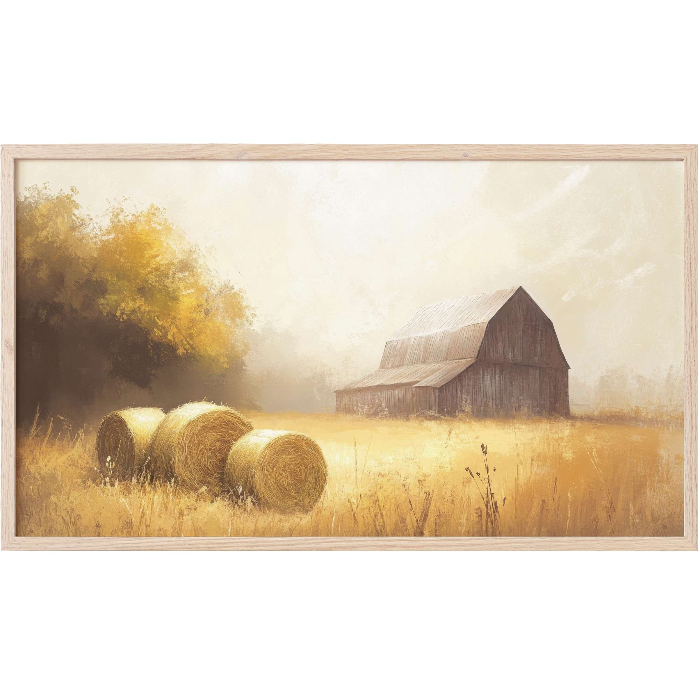 Soft golden hues frame a rustic barn and hay bales in serene, painterly Farmhouse Frame TV Art