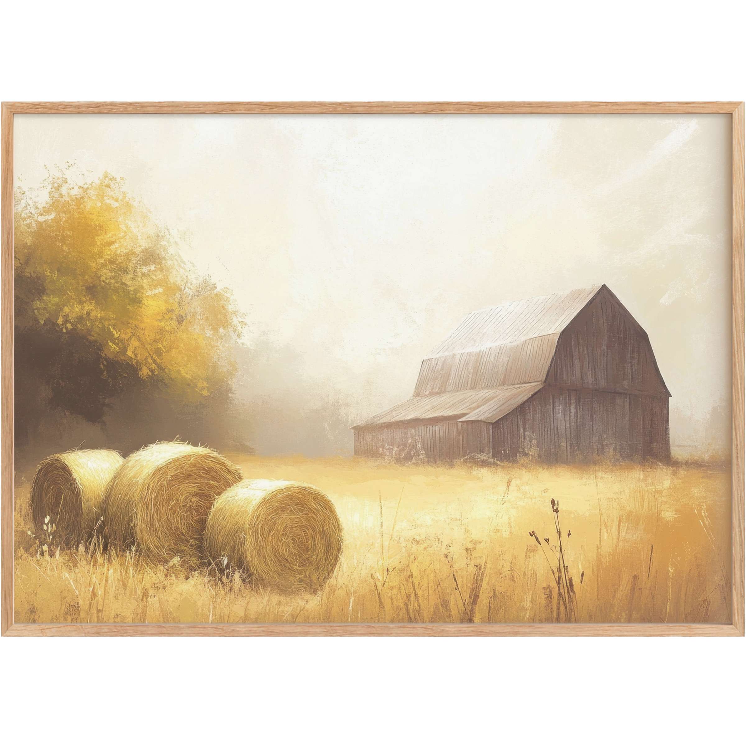 Rustic charm meets serene warmth in this farmhouse printable wall art, bathed in golden hues and soft mist