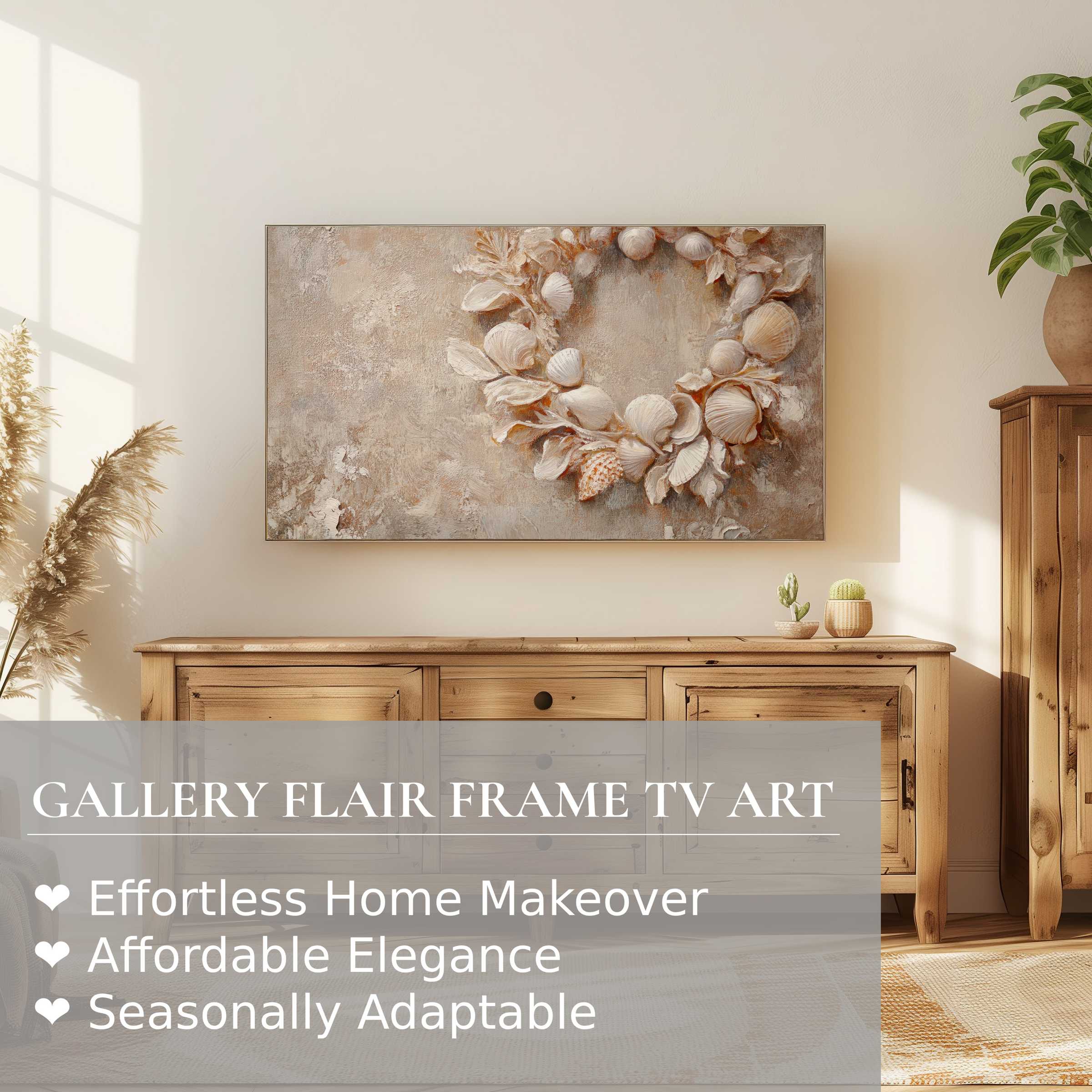 Samsung Frame TV displaying coastal digital artwork of seashell wreath in a modern, sunlit rustic room