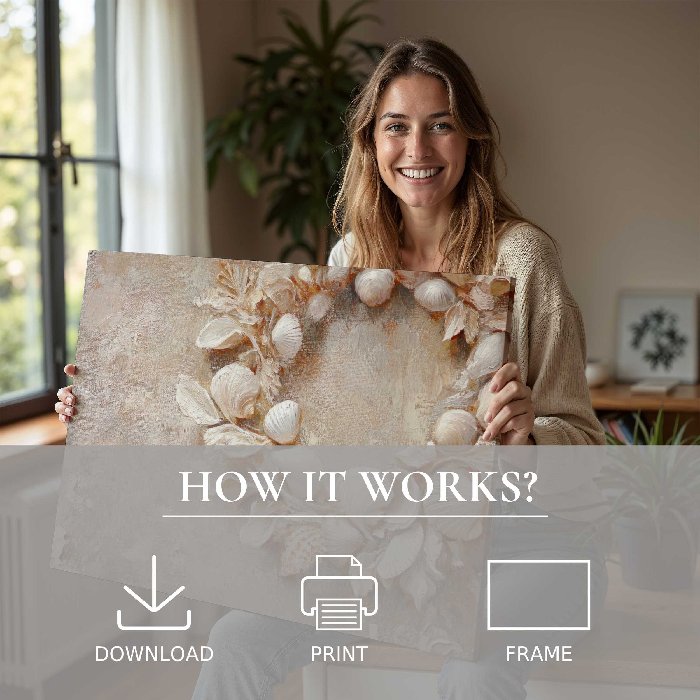 Coastal digital art print enriching a modern home with serene warmth, capturing joy and effortless style in every detail