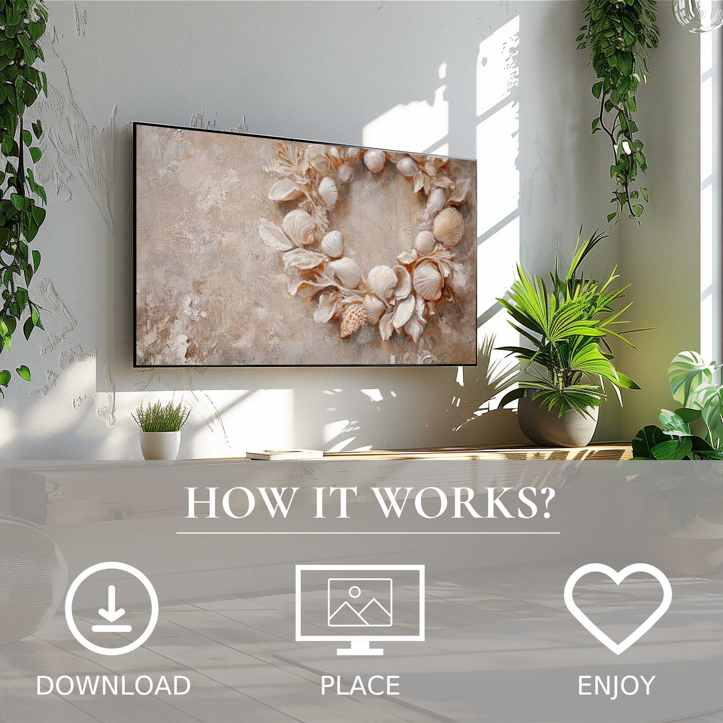 Coastal art for Samsung TV showing soft seashell tones, easy digital download enriches your modern living space