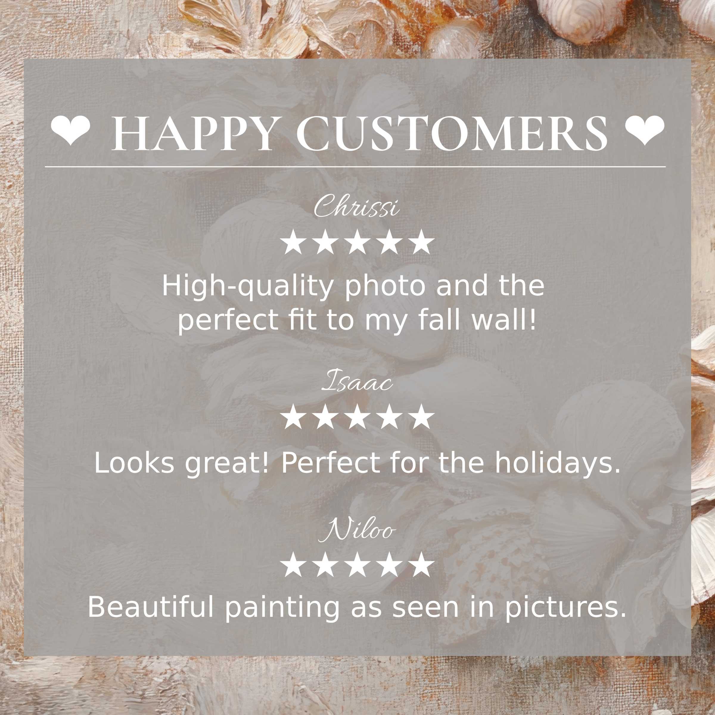 Coastal art for Frame TV with abstract sunset hues and shells, highlighting happy customer reviews and elegant style