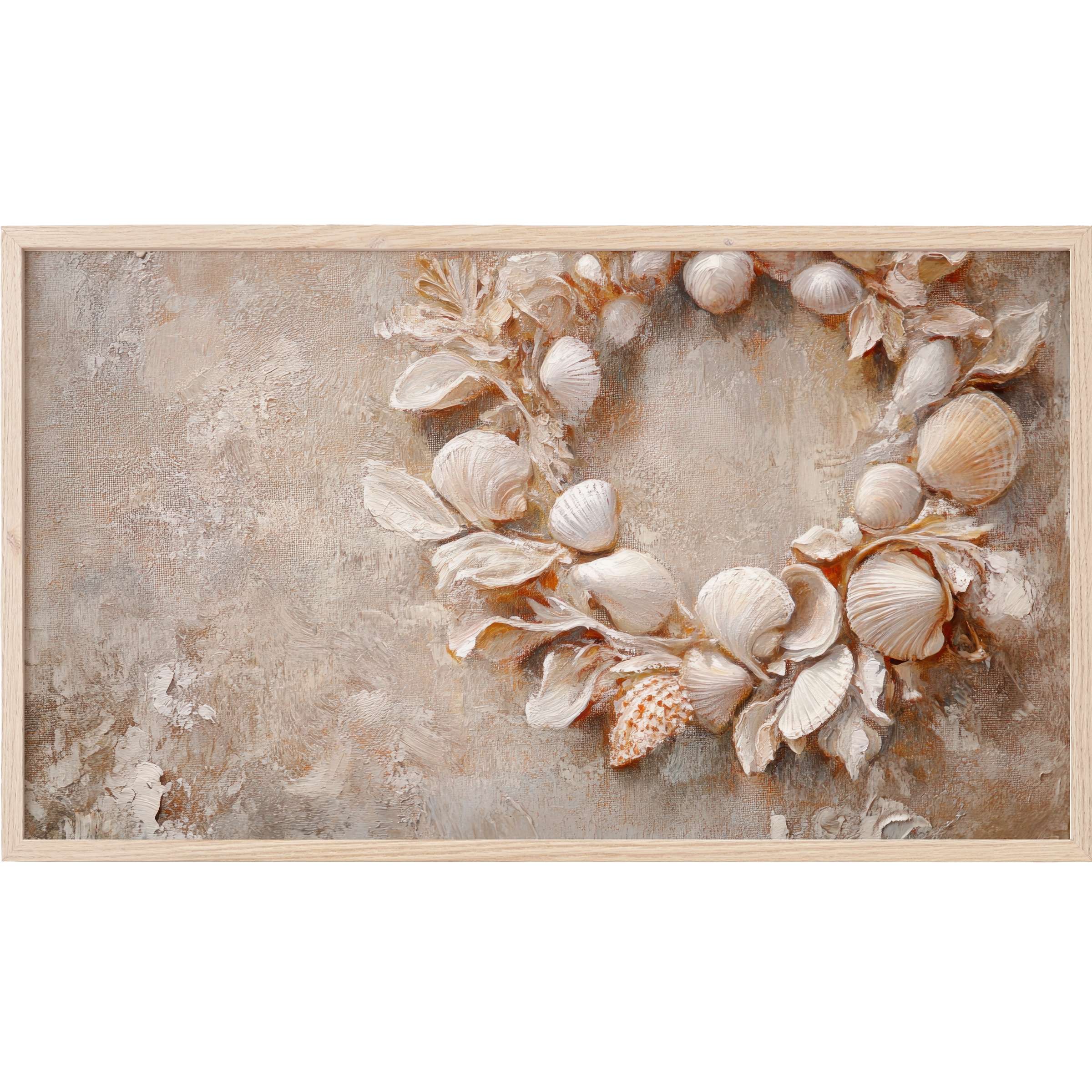 Coastal Frame TV Art featuring textured seashell wreath in soft beige and cream tones, embodying serene coastal elegance