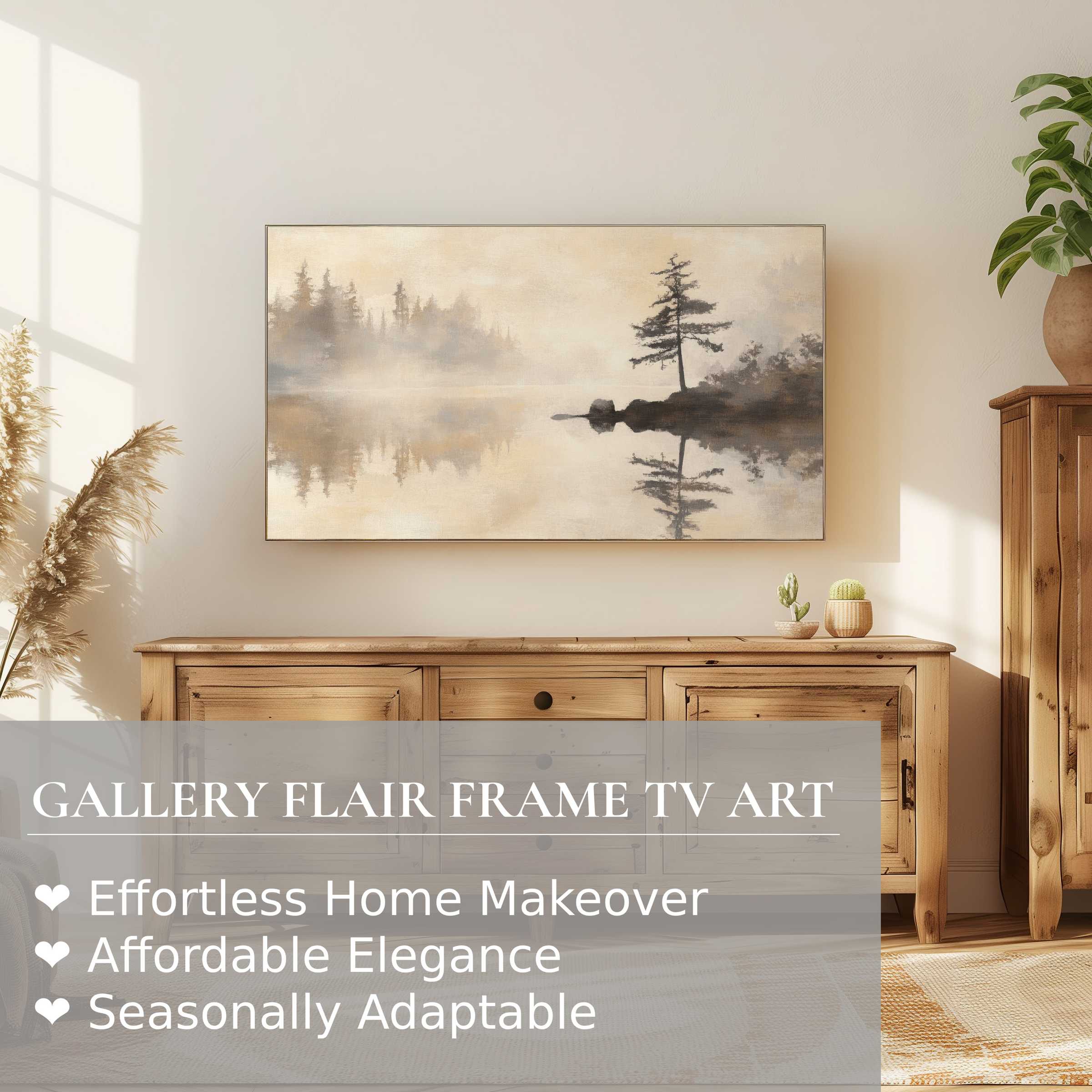 Samsung Frame TV displaying serene landscape digital artwork in soft neutral tones, enhancing refined modern decor