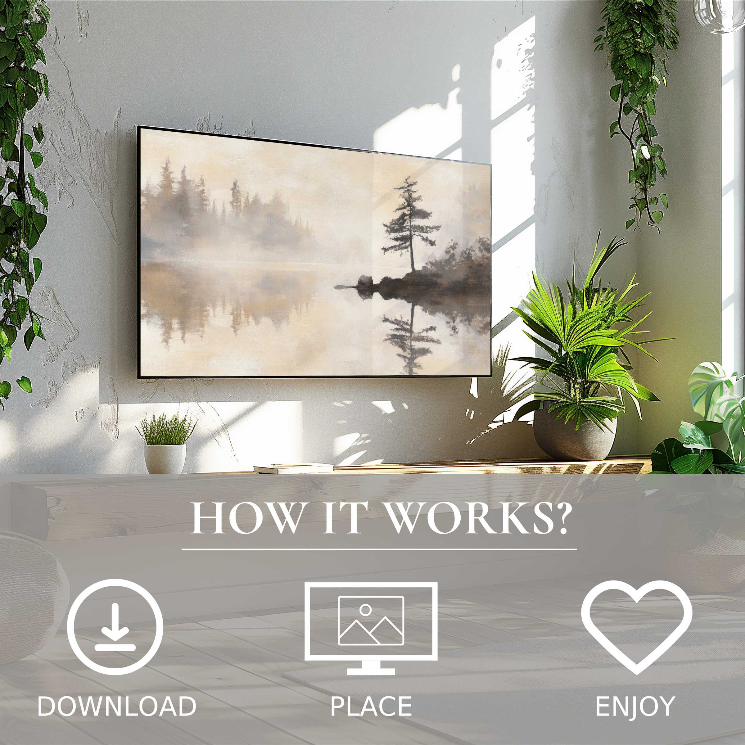 Modern living room with landscape art for Samsung TV; soft misty lake tones, easy digital download enriches space
