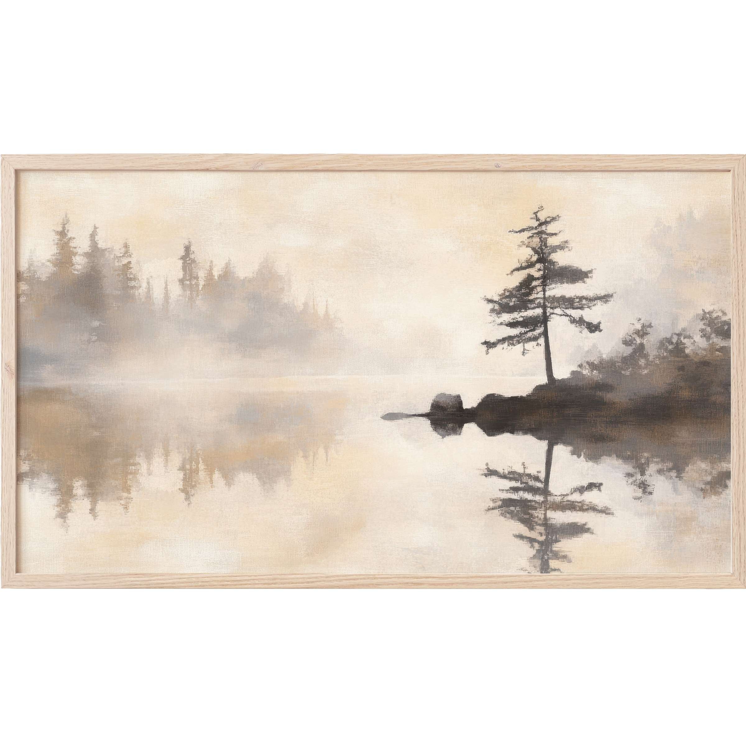 Serene misty lake with soft beige and gray tones, minimalist trees reflecting on water, landscape Frame TV Art