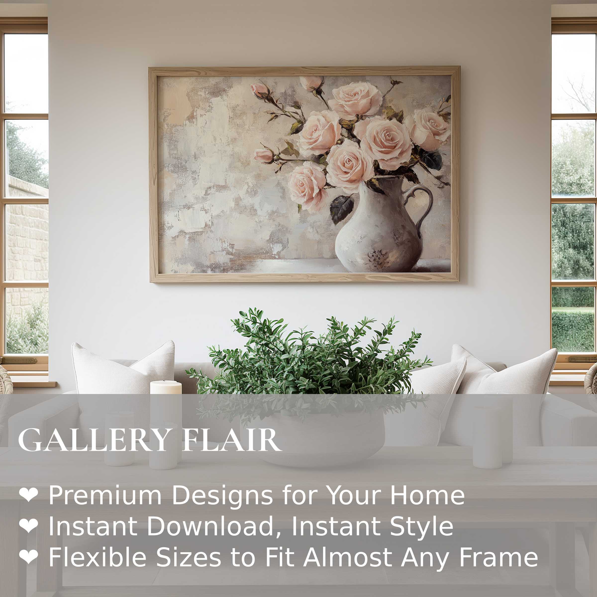 Elegant floral wall art print featuring soft pink roses in a rustic vase, enhancing serene, modern living spaces with refined botanical charm