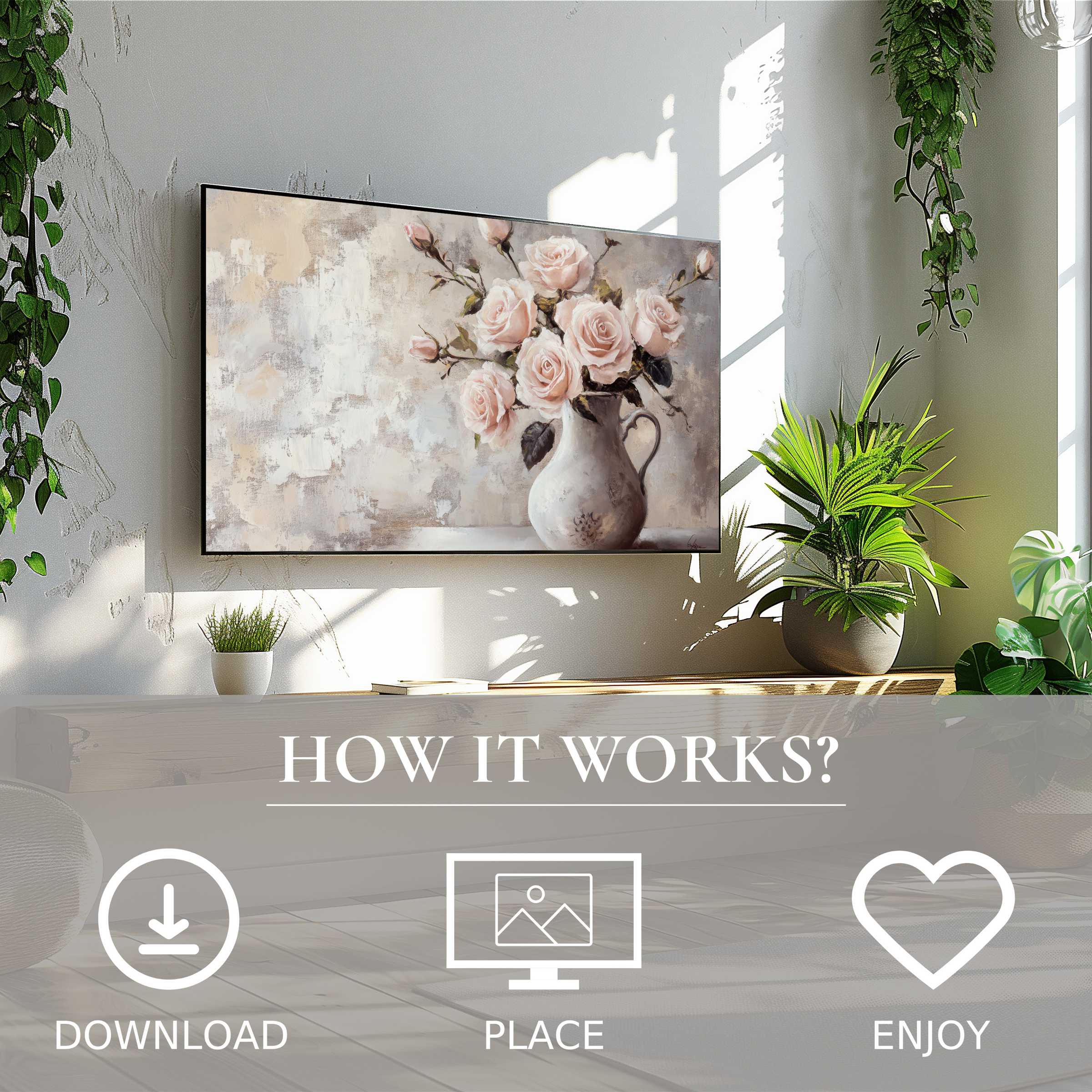 Floral art for Samsung TV with soft pastel roses; easy digital download enriches modern living spaces seamlessly